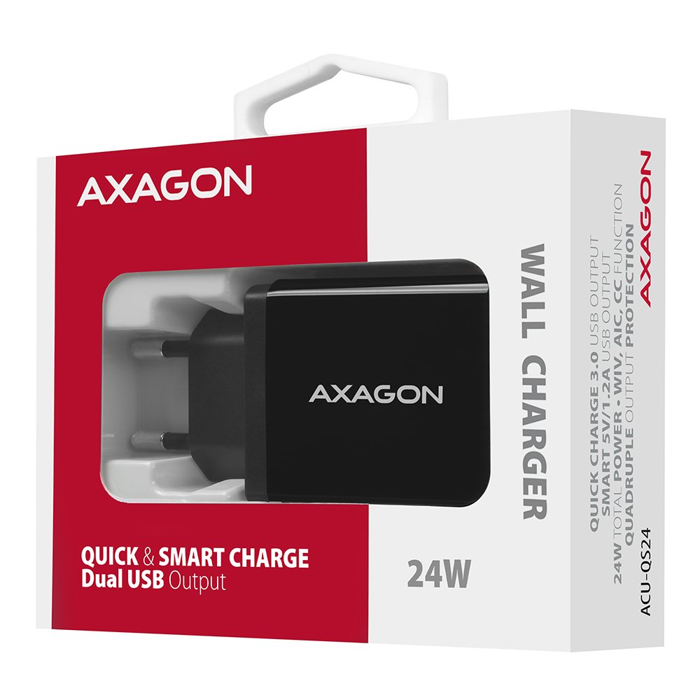 Axagon Acu-Qs24, Cargador De Red RãPido E Inteligente, 2x Puerto Usb Qc3.0 / Afc / Fcp + 5v-1.2a, 24w