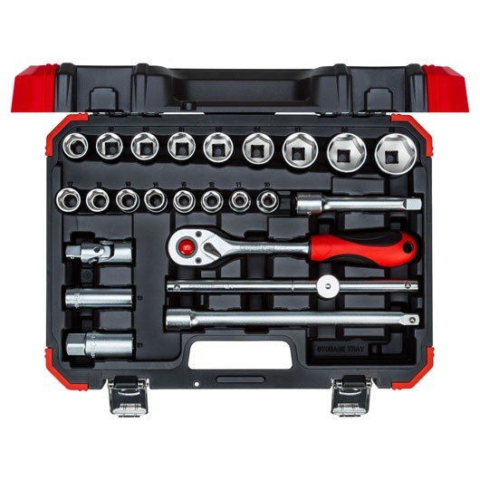 Gedore Juego De Llaves De Vaso Rojas 1/2", 24 Piezas (Rojo/Negro, Con Carraca Reversible, Sw 10 Mm - 32 Mm)3300055