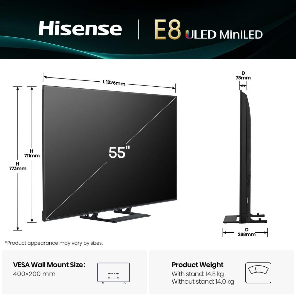 EAN 6942351419862 - Hisense 55E8Q 139,7 cm (55") 4K Ultra HD Smart TV Wifi Negro, Gris 600 cd / m² imagen 2
