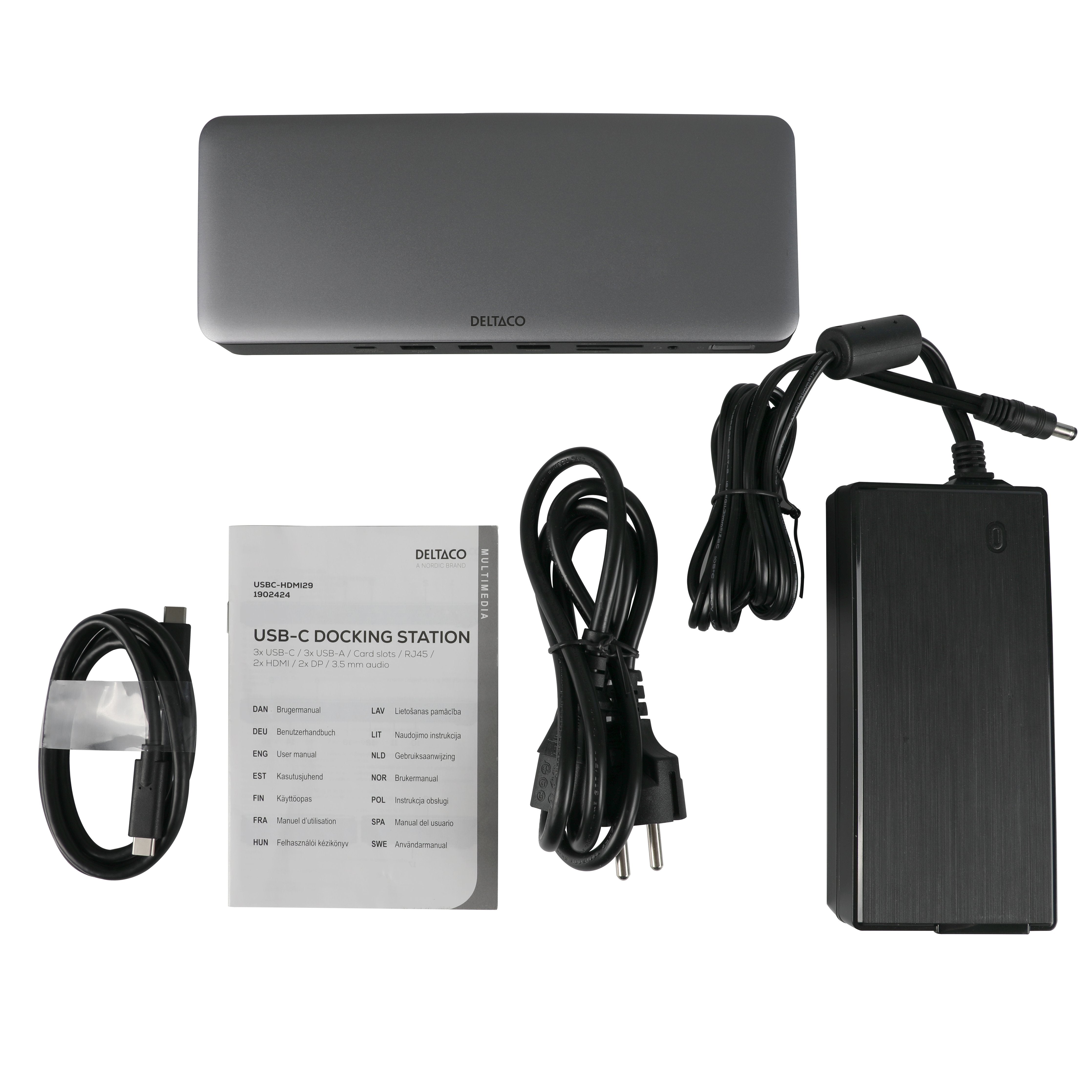 Deltaco Usb-C Dockingstation 2xhdmi/Dp/Usb/Rj45/Sd 96w