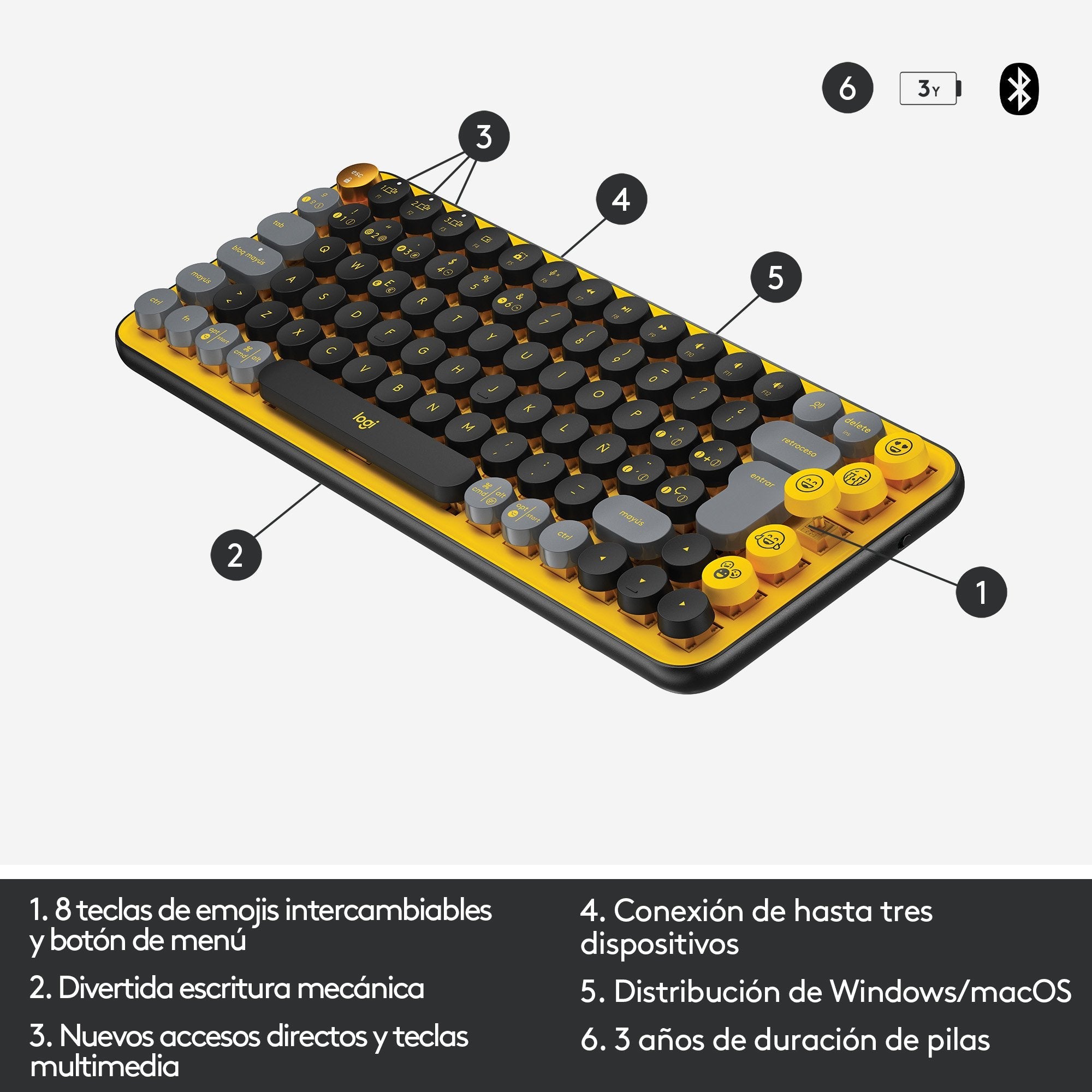Teclado Español Logitech Pop Keys Wireless Emoji Keys Rf Wireless + Bluetooth Qwerty Negro, Gris, Amarillo