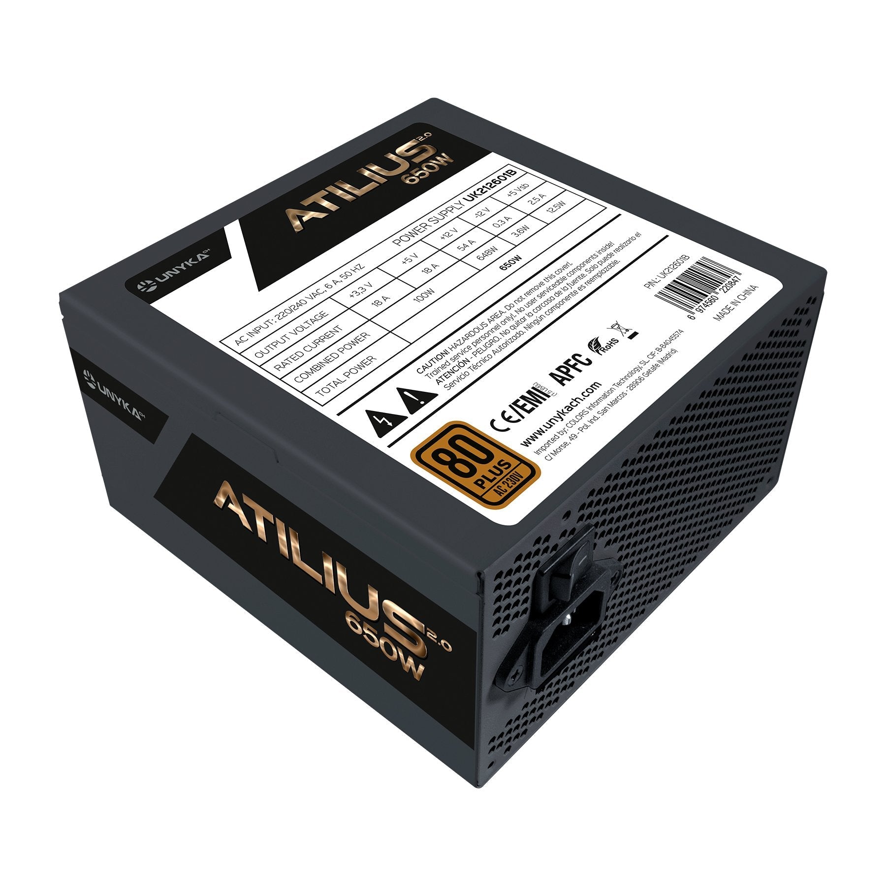 Unykach Atilius 2.0 Black 650w 80 Plus Bronze Fuente De Alimentacion 650w Atx 2.3 - Apfc - Ventilador 120mm