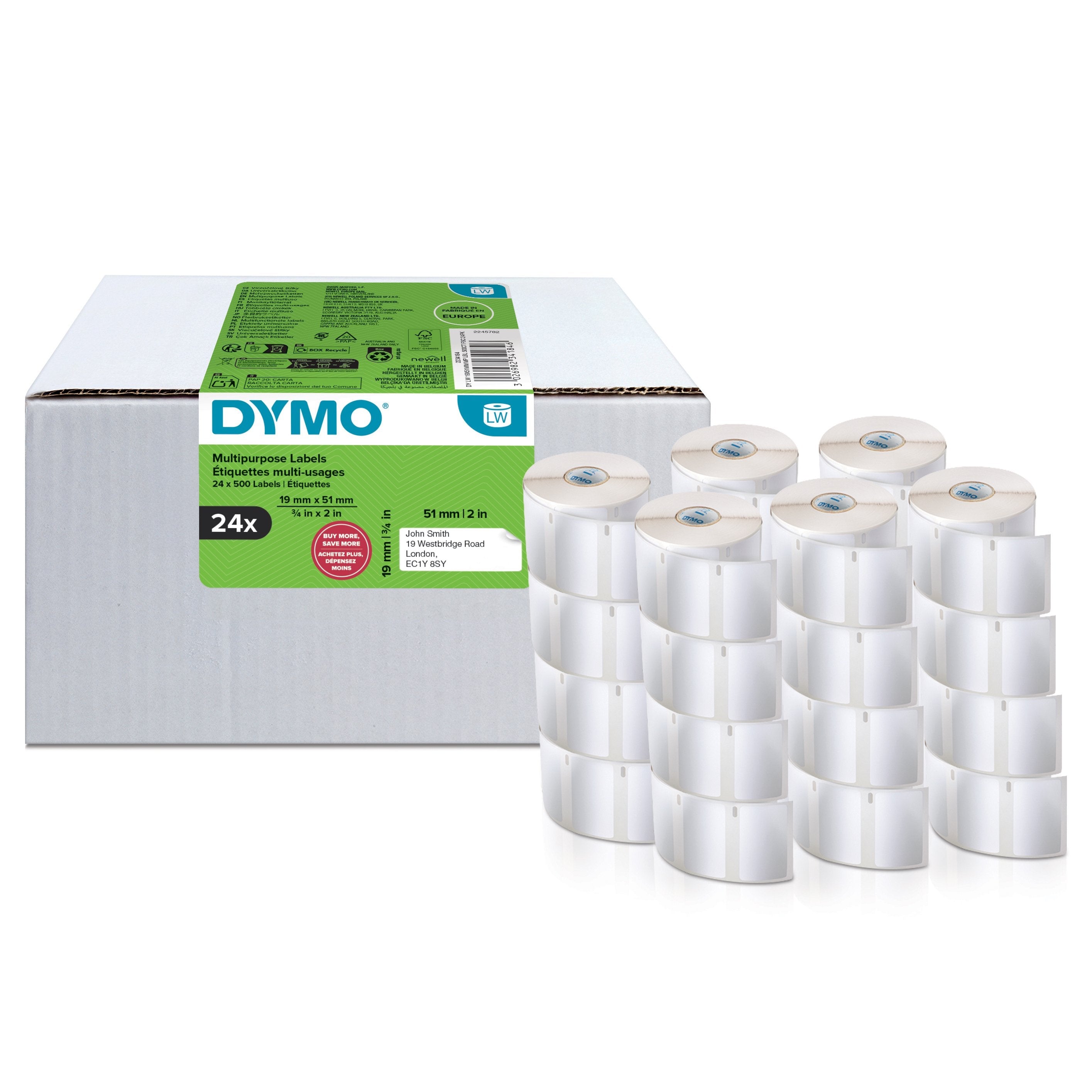 Etiquetas Multiusos Dymo Labelwriter Original, 19 X 51 Mm 24 Rollos De 500 Etiquetas Cada Uno 2234184