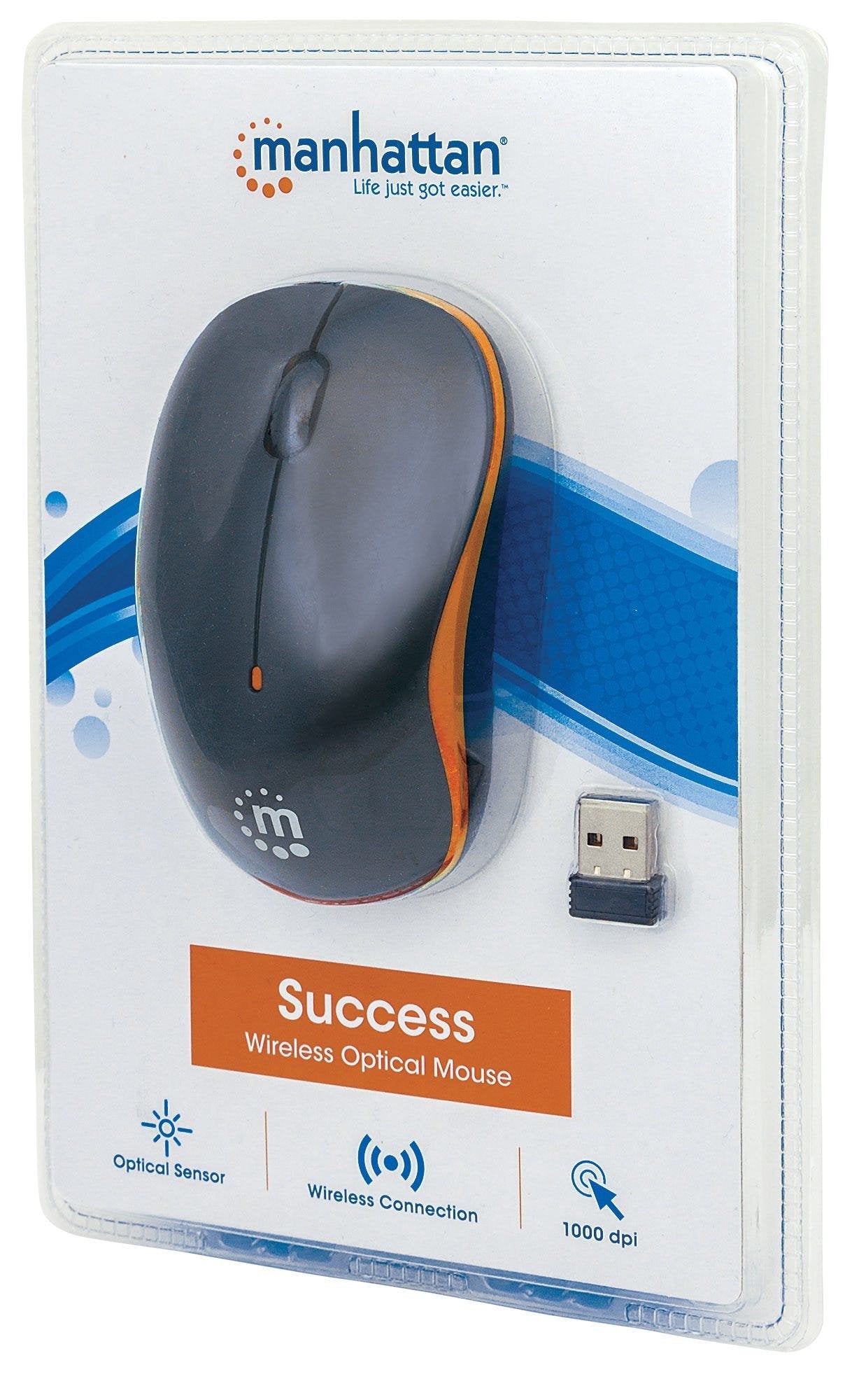 Manhattan Ratón Óptico Inalámbrico Success Usb, Tres Botones Con Rueda De Desplazamiento, 1000 Ppp, Naranja/Negro