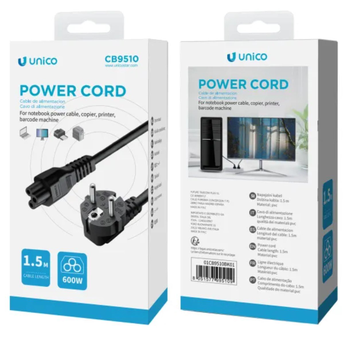 EAN 8051577995109 - UNICO CB9510 cable de transmisión Negro 1,5 m Enchufe tipo E imagen 2