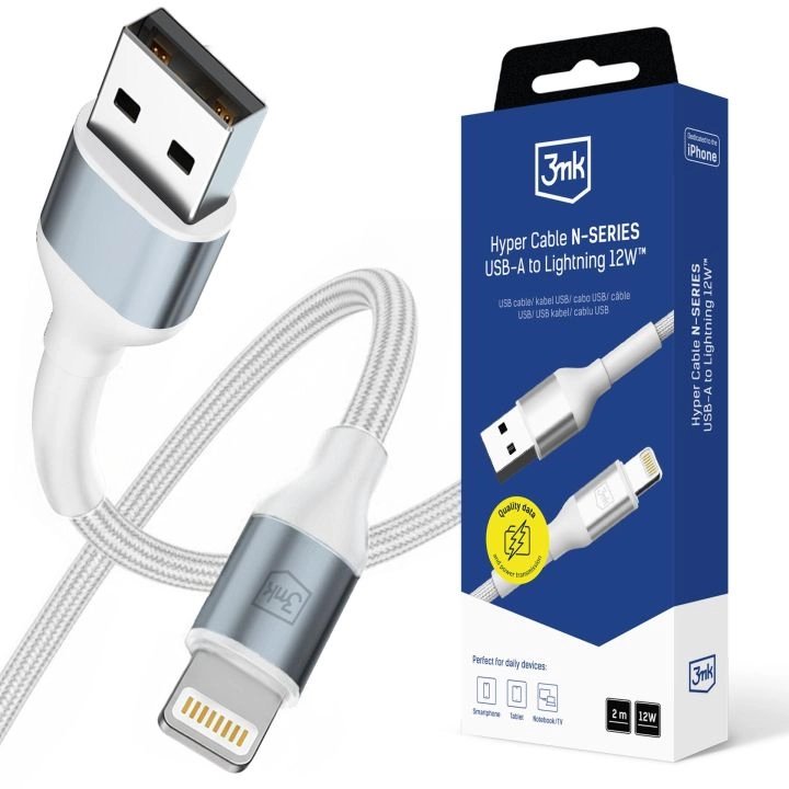 Cable 3mk Hyper N-Series A To Lightning 2m Qc 3.0 5v 2.4a 12w White