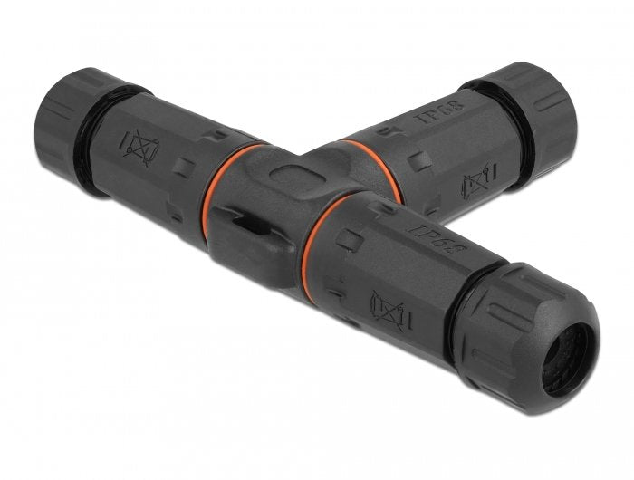 Delock Cableverbinder T-Form Für Aussenbereich 4 Pin, Ip68 Wasserdicht, Schraubbar, Cabledurchmesser 4,5 - 7,5 Mm Schwarz