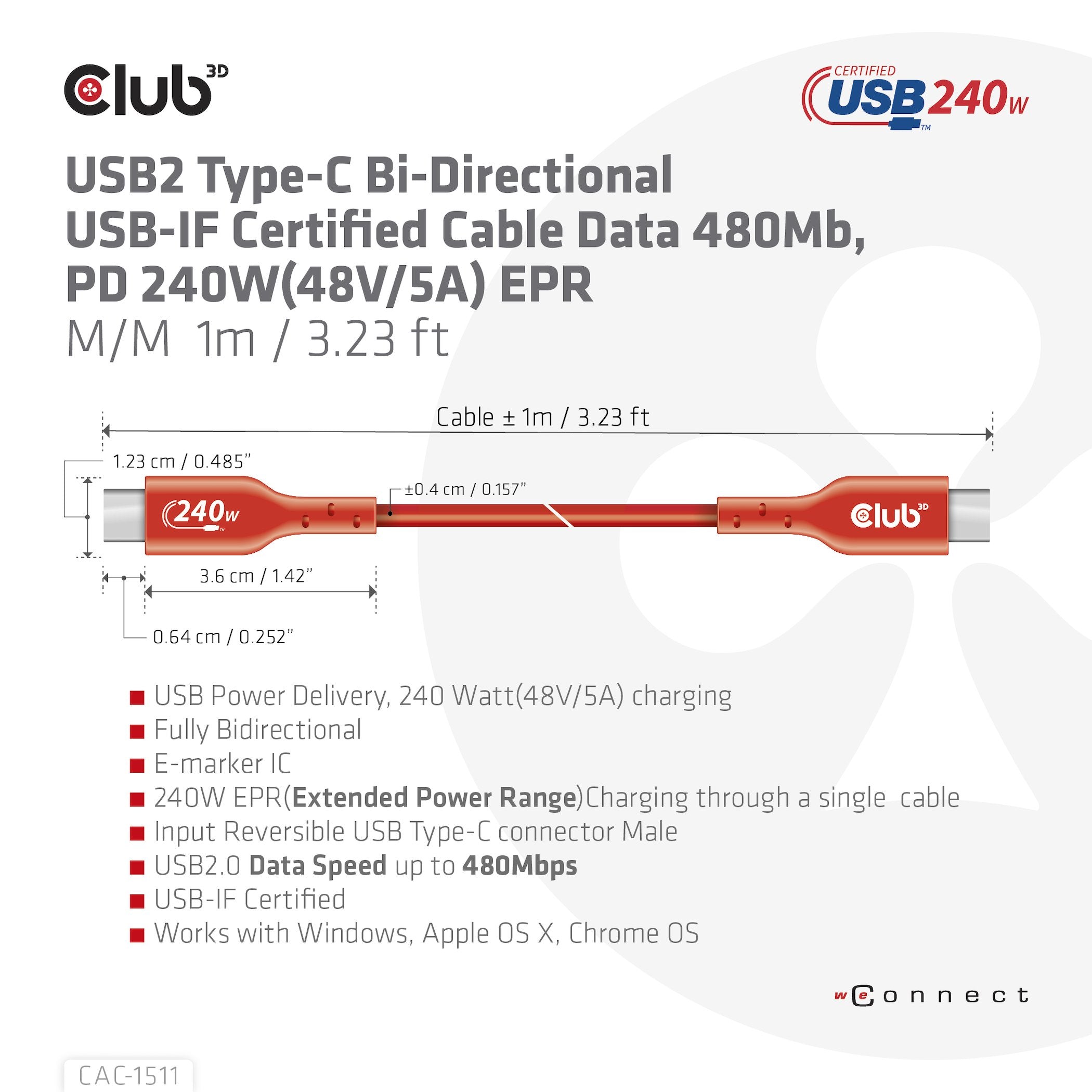 Club3d Cable Usb 2 Typ C Pd 240w 480placa Base 1m M/M Retail