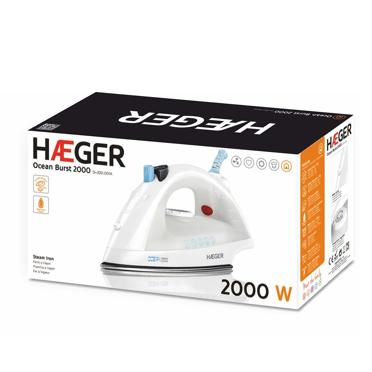 EAN 5608475006173 - Haeger Ocean Burst 2000 Plancha vapor-seco Suela de acero inoxidable 2000 W Blanco imagen 4