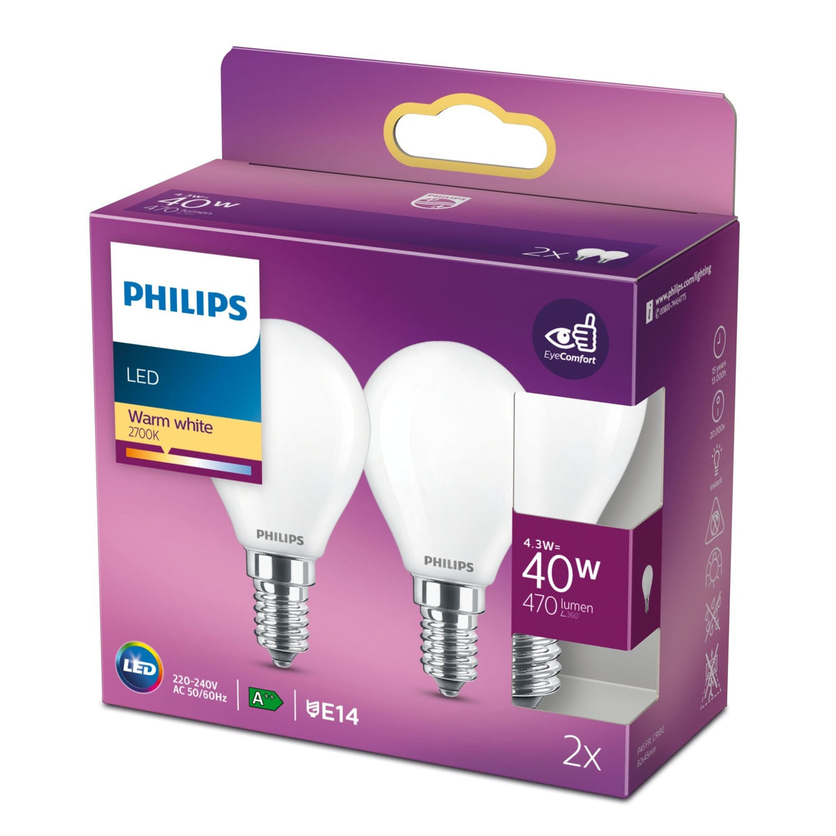 Philips Lámpara Led - Form: P45 - Mate Finish - E14 - 4.3 W (Equivalente 40 W)