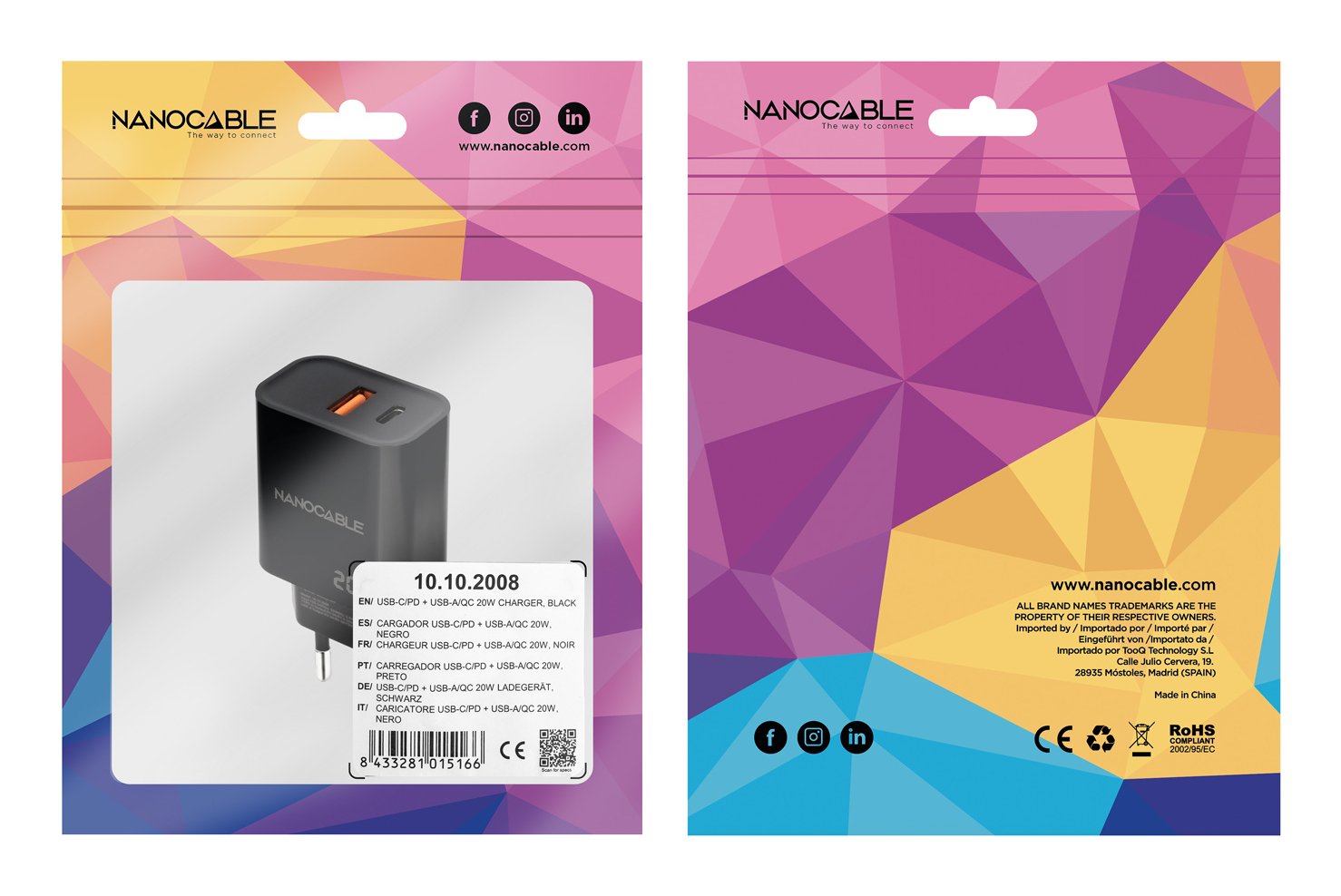 Cargador Usb-C/Pd + Usb-A/Qc 20w Negro