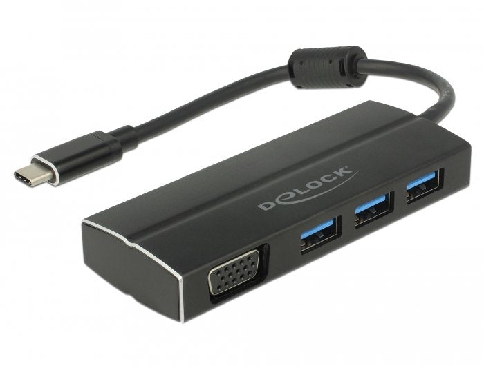 Delock Usb 3.2 Gen 1 Multiport Hub, Conector Usb-C> 3x Usb-A + Vga Socket, Usb Hub Black, 15 Cm 63932