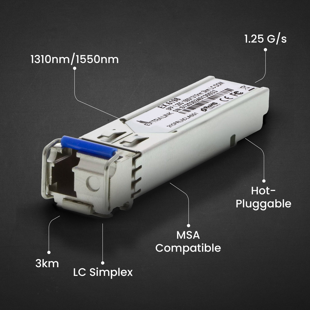 Extralink Sfp 1.25g Sfp Wdm Módulo 1,25gbps, 1310/1550nm, Single Mode, 3km, Lc, Dom, Pair
