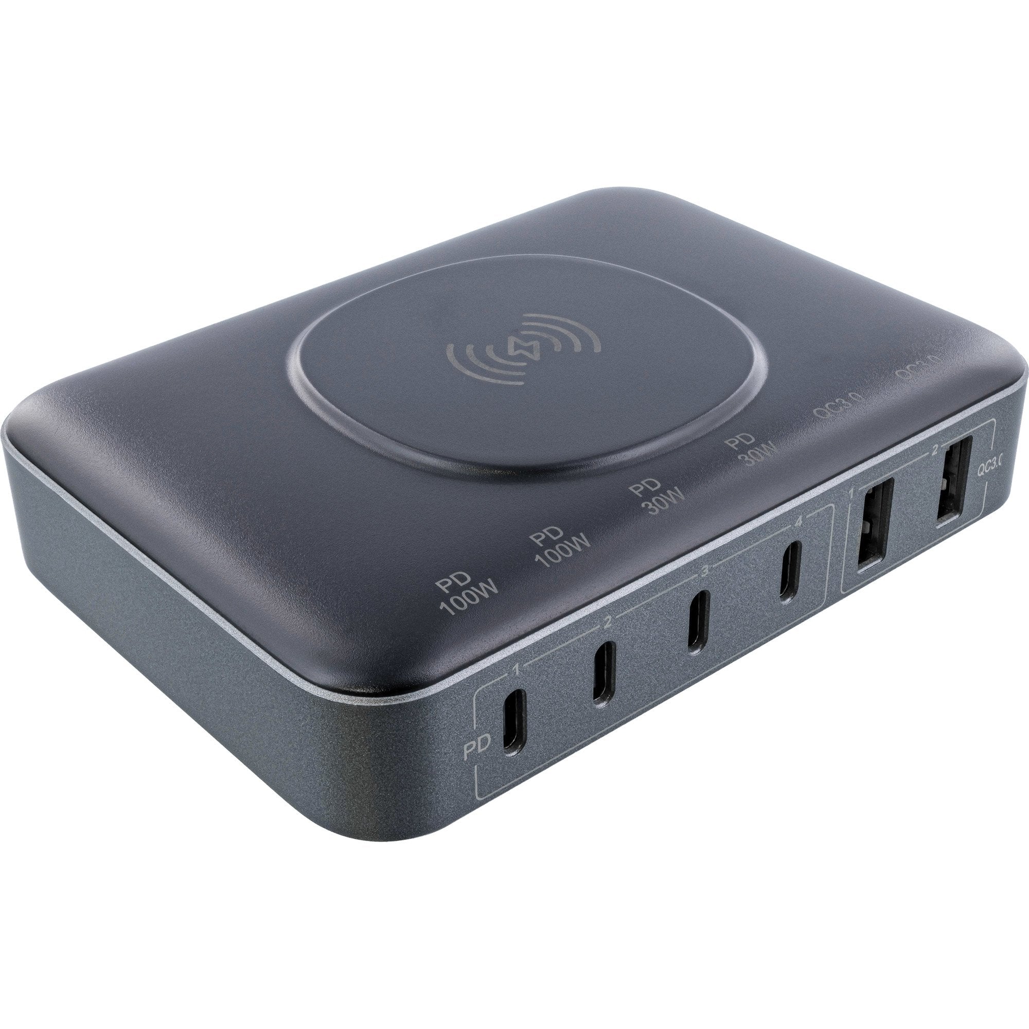 Inline® Qi Powerstation Multiport, Power Supply, Charger, 4x Usb Type-C, 2x Usb Type A, Gan, 100w, Wireless Charging 15w, Negro
