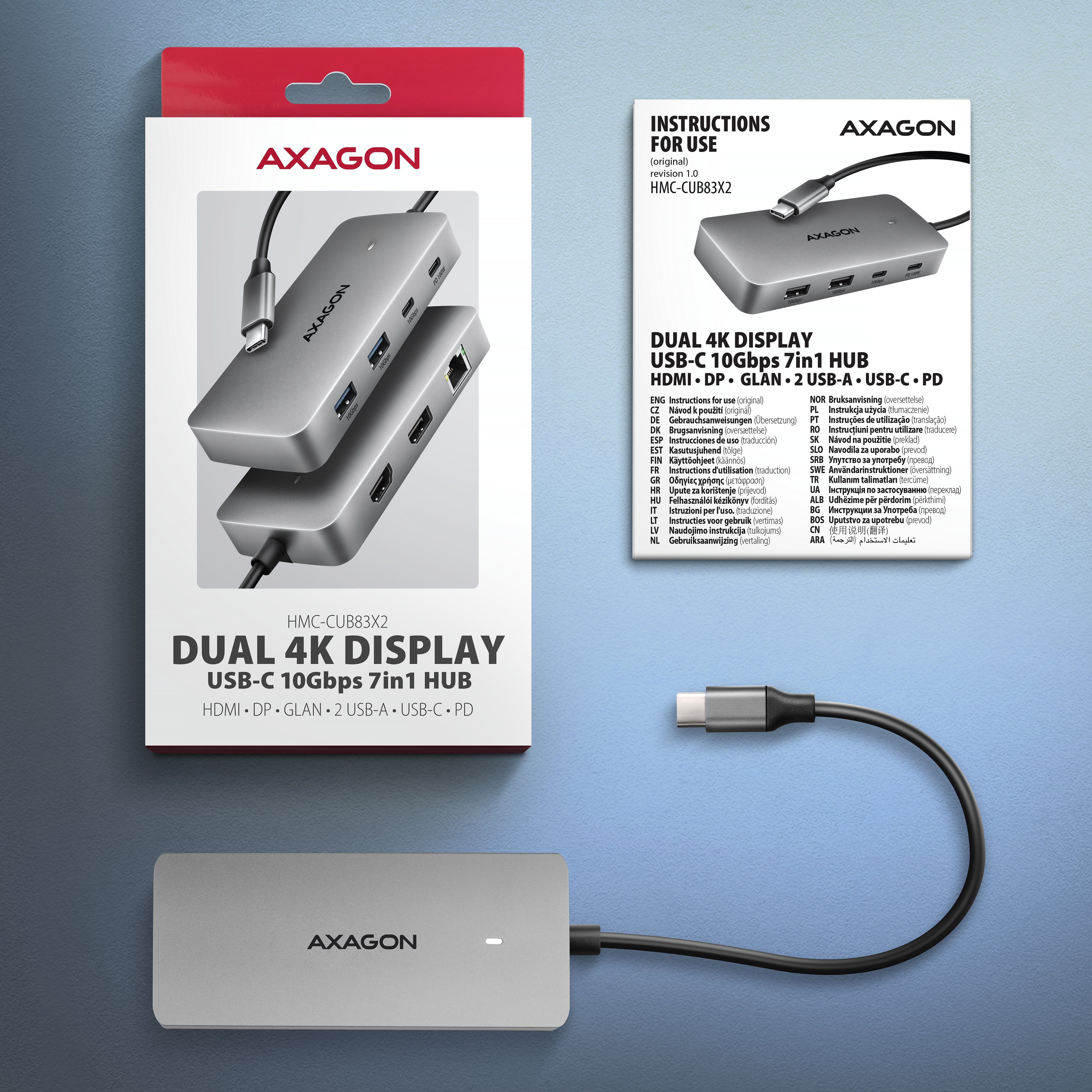 Hub Axagon Usb Hmc-Cub83x2, Usb 10gbps Hub, 2x Usb-A, Usb-C, Hdmi & Dp 4k/144hz, Rj-45 Glan, Pd 100w, Kabel Usb-C 15cm Alámbrico Usb 3.2 Gen 2 (3.1 Gen 2) Type-C Gris