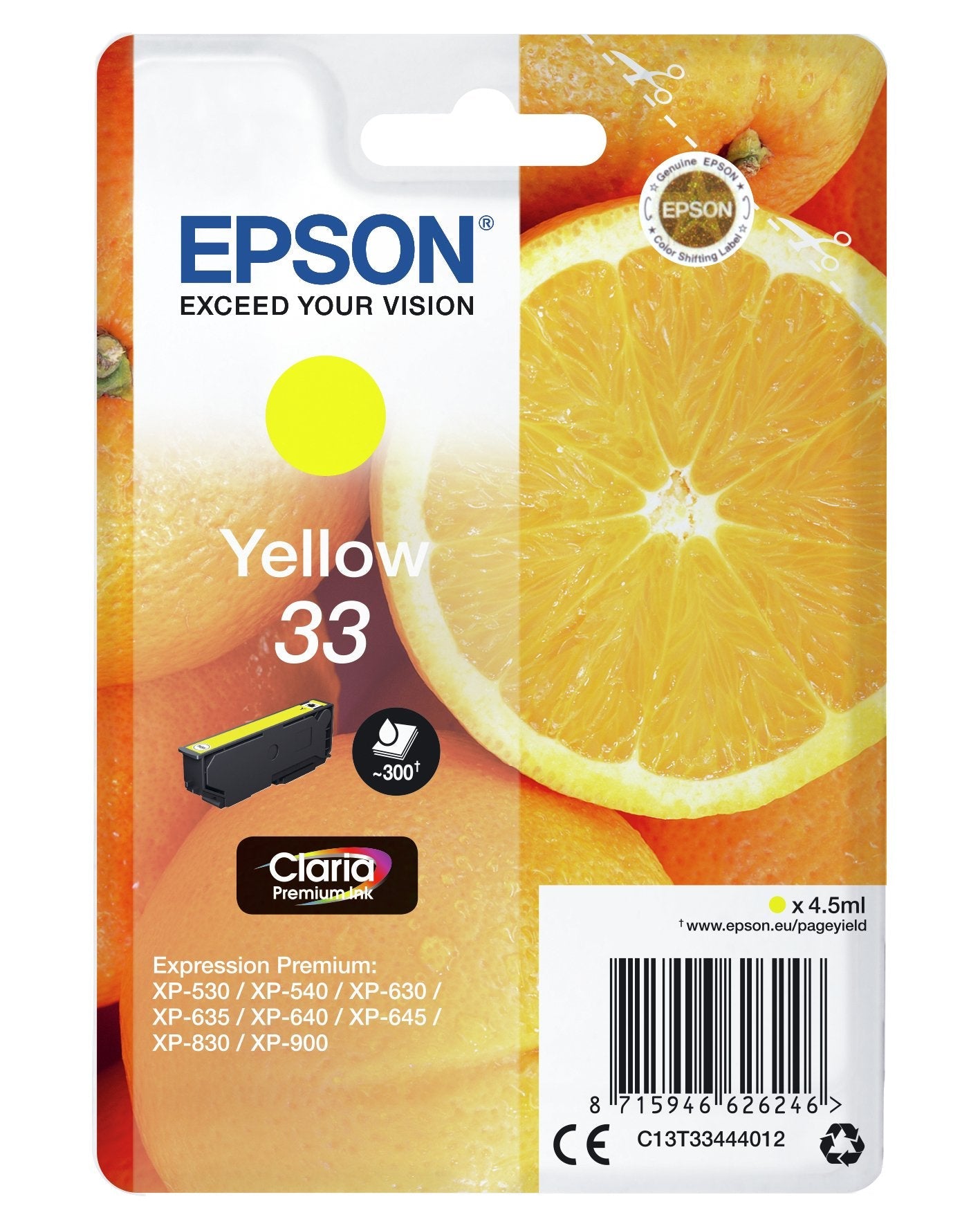 Epson Oranges Singlepack Yellow 33 Claria Premium Ink