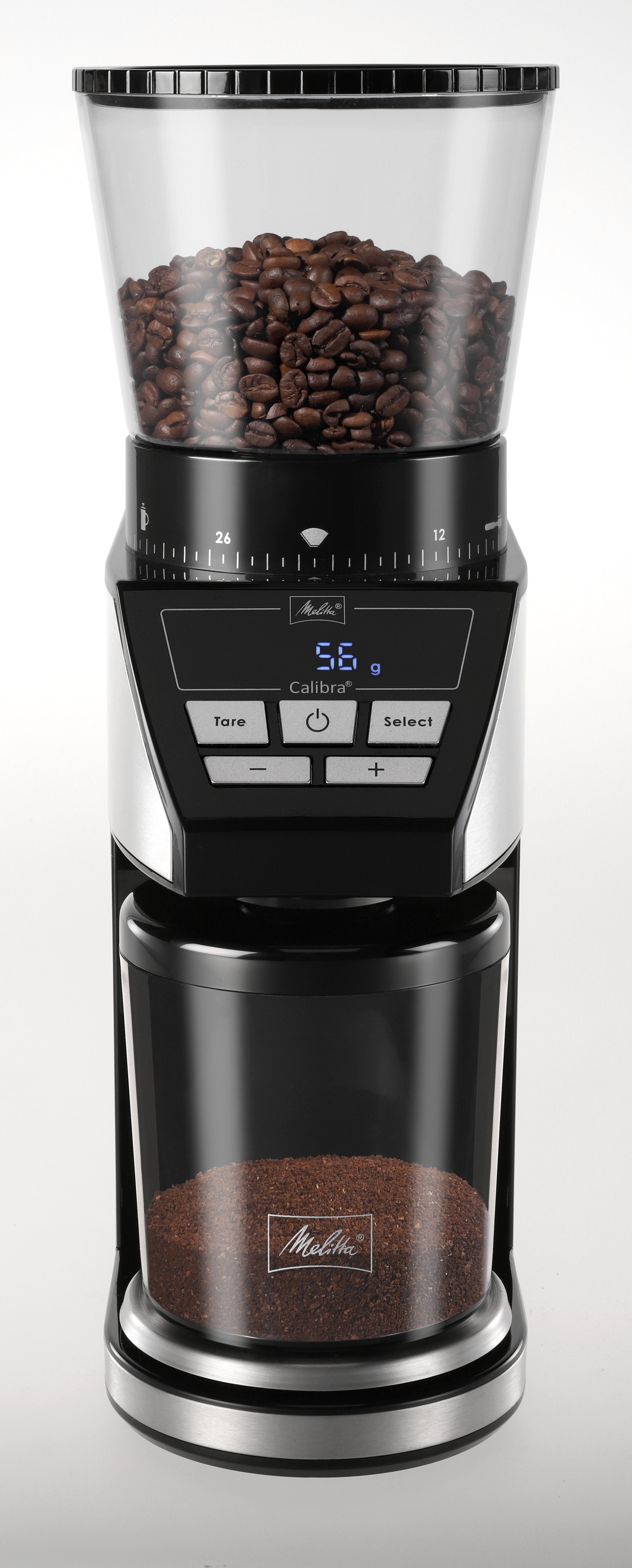 Molinillo De Café Melitta Calibra 1027-01 Eléctrico Cónico Con 39 Ajustes De Molienda, Apto Para Distintas Cafeteras, Moledor De Café Con Báscula Digital Y Pantalla Lcd, 200?G, Negro