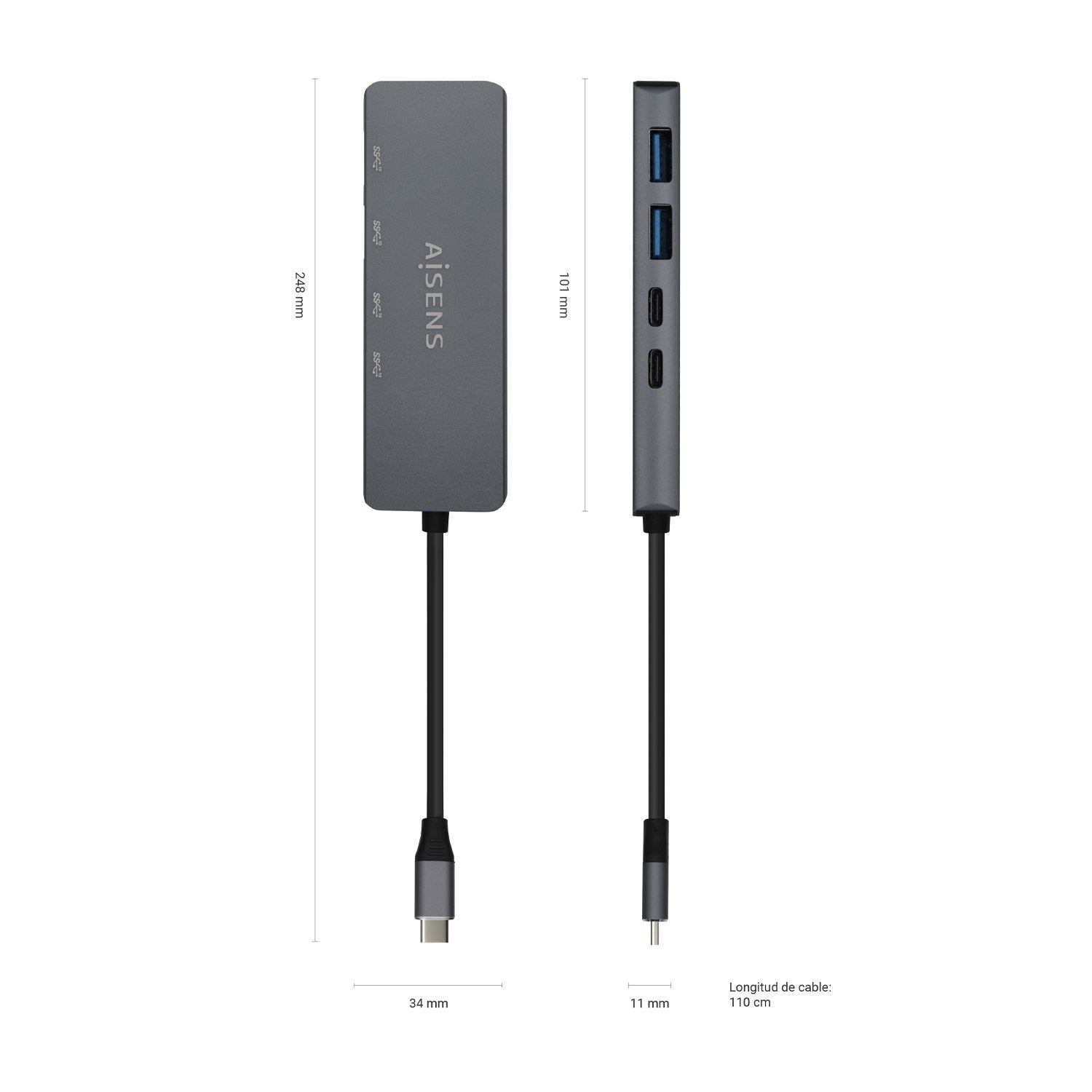 Aisens Hub Usb 3.2 Gen1 5g Usb-C - Usb-C/M-2xusb-C/H-2xusb-A/H - 15cm - Color Gris