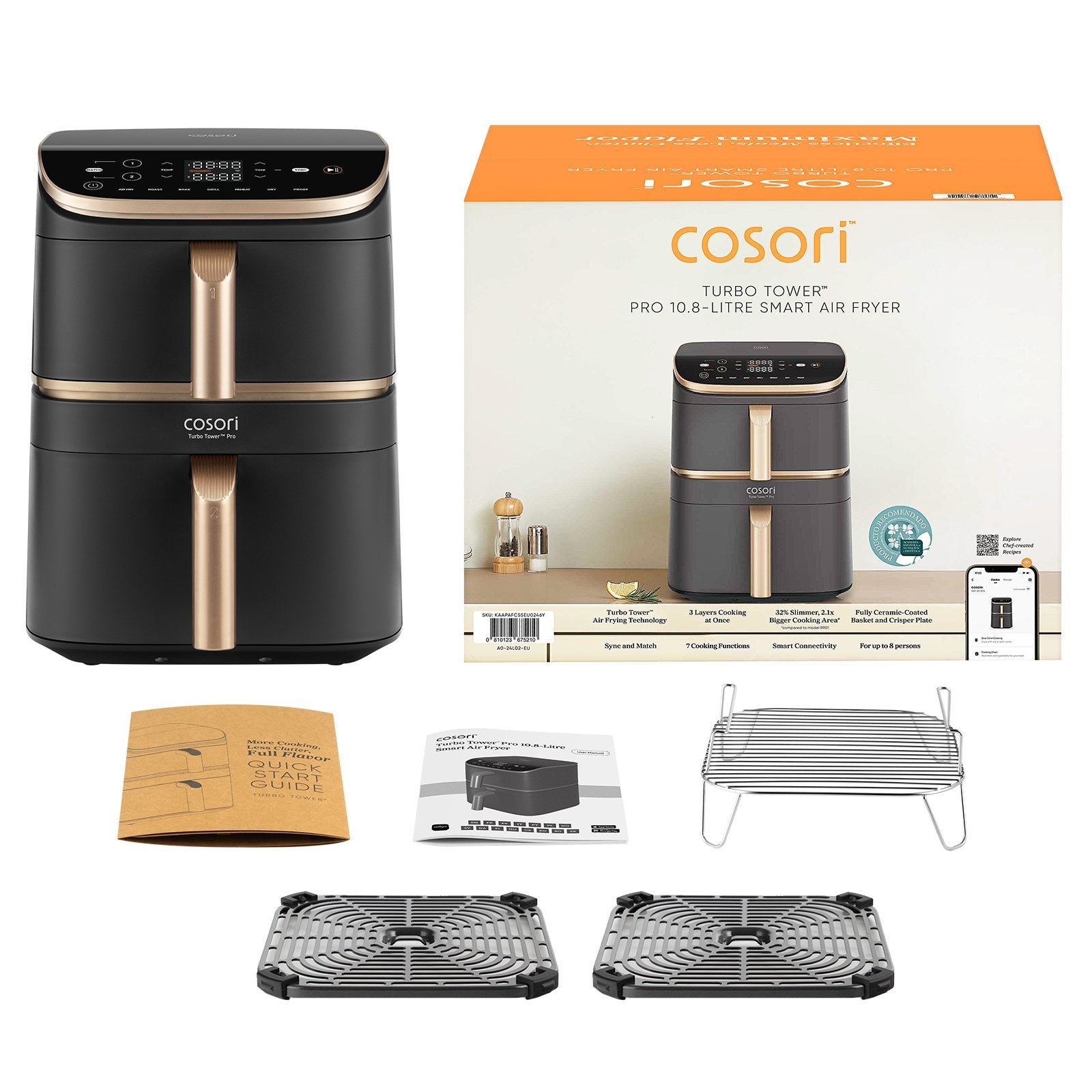 Cosori Turbo Tower Pro Smart Sencillo 10,8 L Independiente 2630 W Freidora De Aire Caliente Negro, Oro