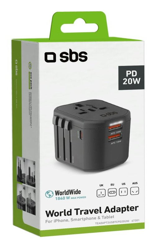 EAN 8018417467301 - SBS TEADAPT2USBTCPD20UNI cargador de dispositivo móvil Universal Negro Corriente alterna Carga rápida Int imagen 2