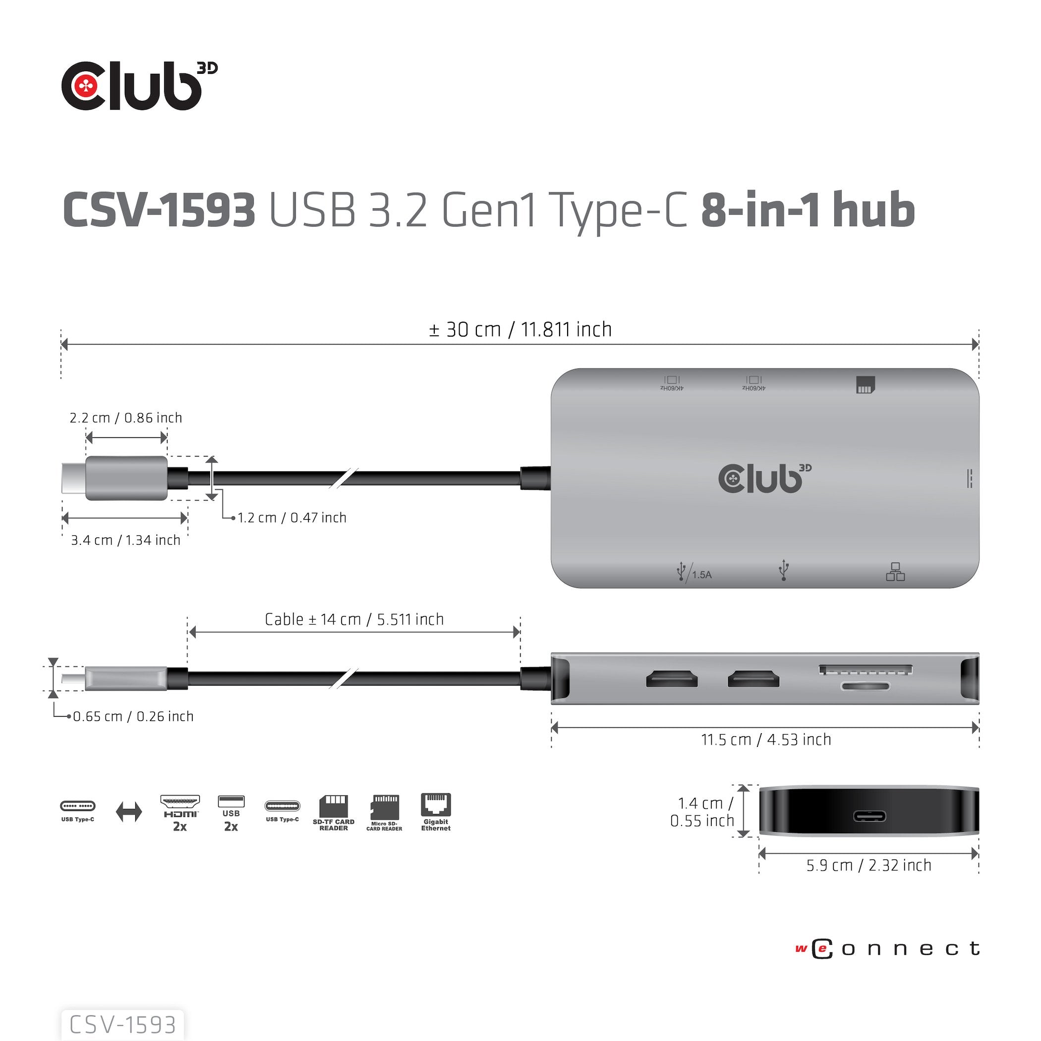 Club-3d Multistream Hub Usb 3.2 Gen1 Usb-C-> 2xhdmi, 2xusba, 1xsd, 1xmsd, 1xrj