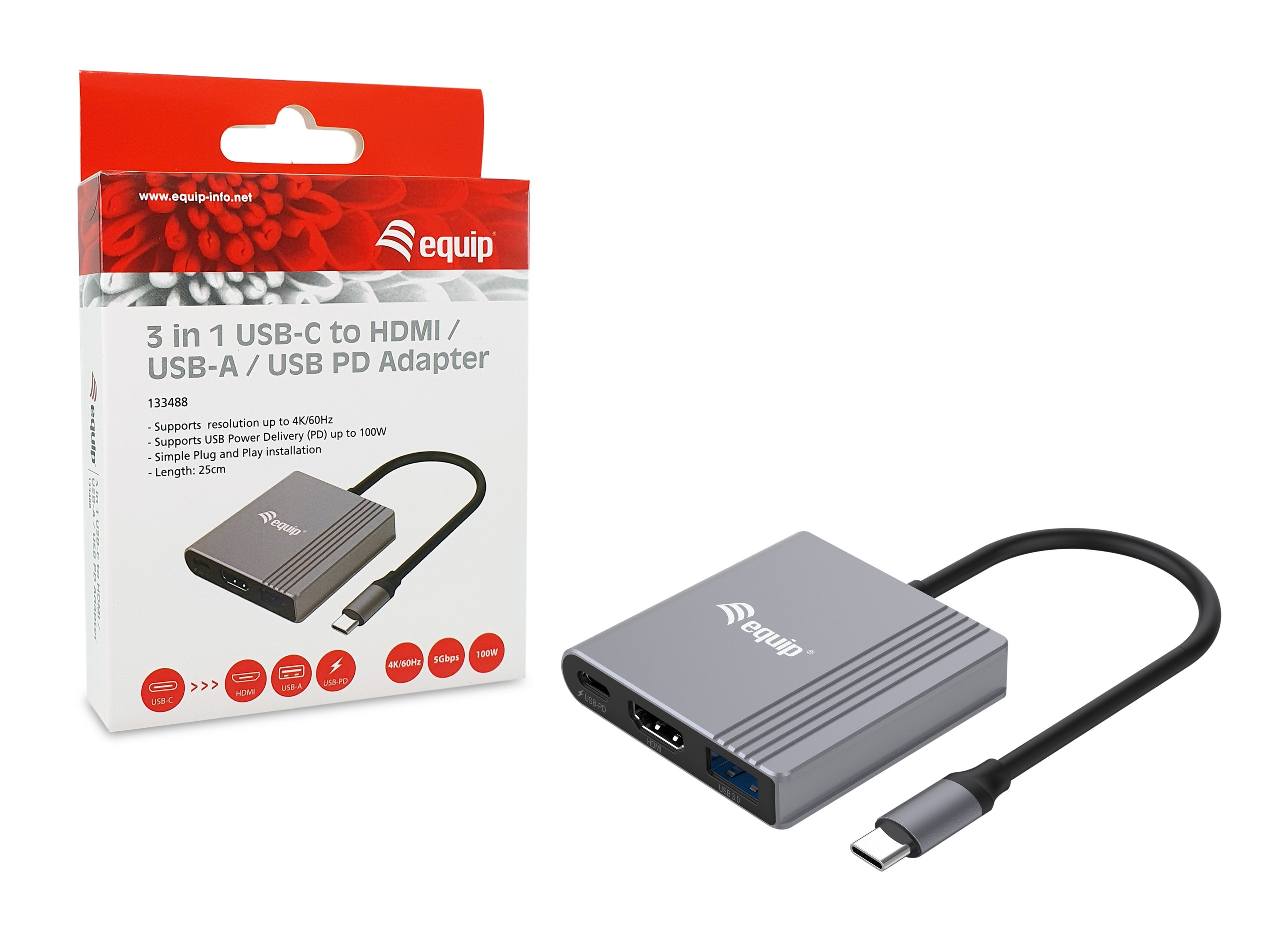 Equip Dock Usb-C->Hdmi,Usb3.0,100wpd 4k60hz 0.15m Gr