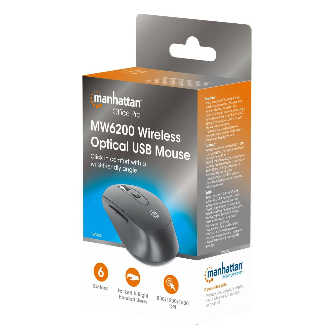 EAN 0766623190343 - Manhattan 190343 ratón Universal Ambidextro RF inalámbrico Óptico 1600 DPI imagen 7