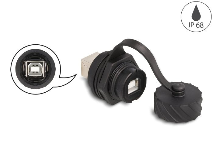 Delock 88004 Conector De Cable Usb 2.0 Tipo-B Hembra A Hembra Para Instalación Con Bayoneta Tapa Protectora Ip68 Resistente Al Polvo Y Al Agua Negro