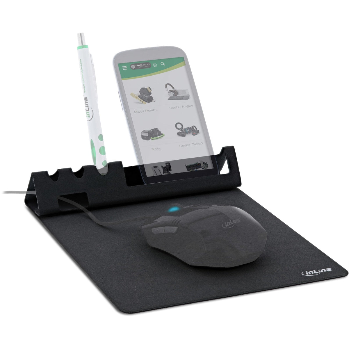 Alfombrilla De Ratón Multifunción Inline Con Soporte Para Smartphone Y Bolígrafo, Negra, Plegable