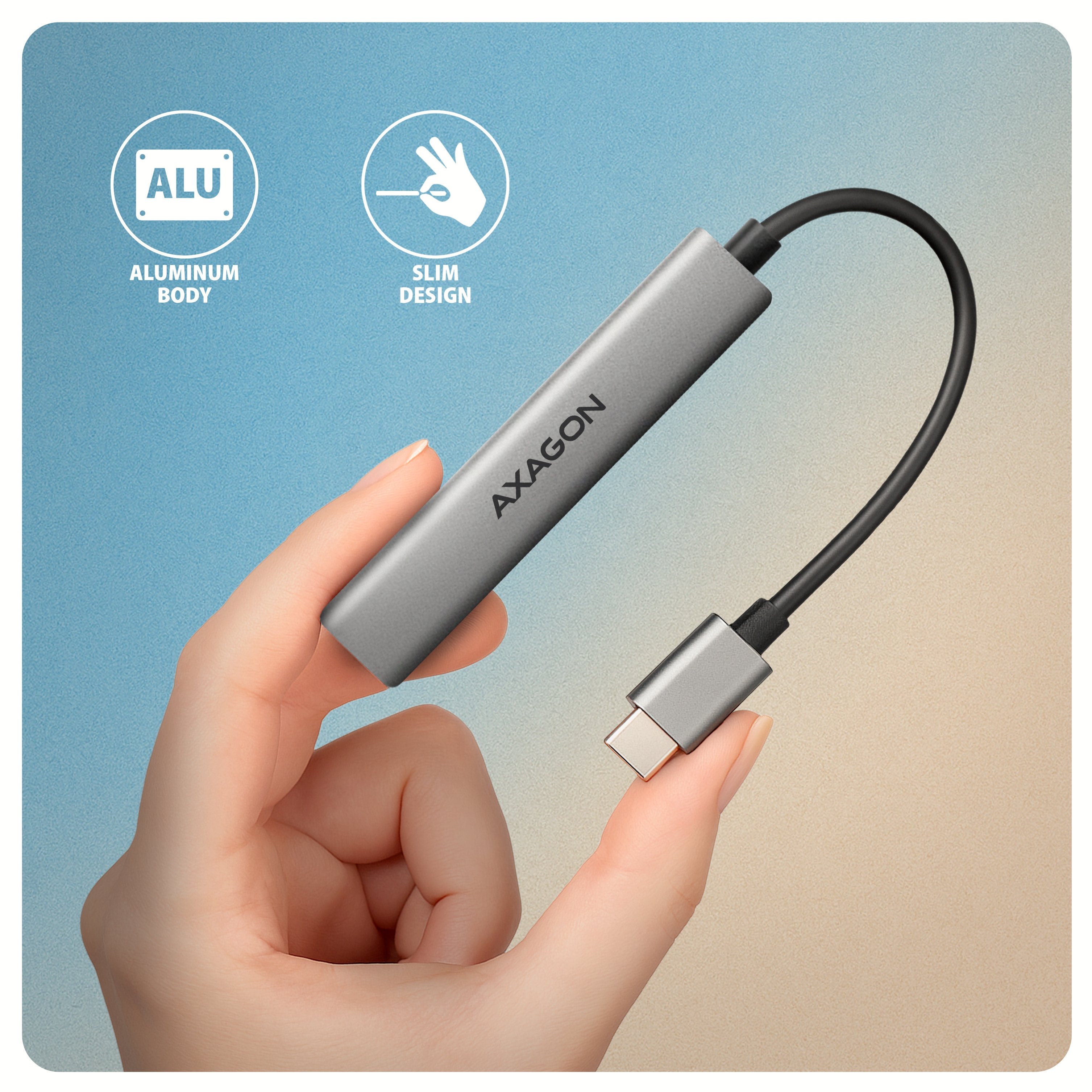 Axagon Hub Usb Hue-Stc, 4x Usb Alu Strip Hub, 1x Usb-A 5gbps, 2x Usb-A & 1x Usb-C 480mbps, Kabel Usb-C 12cm Usb 3.2 Gen 1 (3.1 Gen 1) Type-C 5 Mbit/S Gris