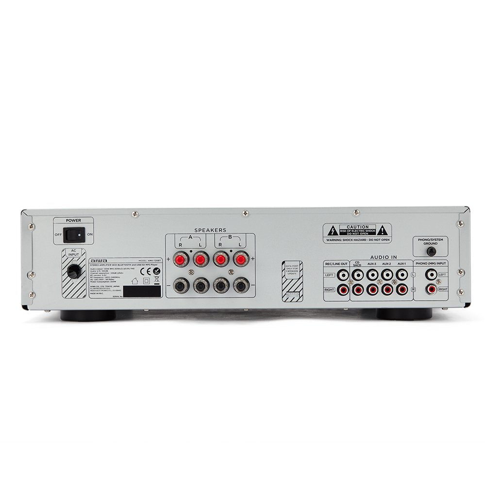 Amplificador Aiwa Amu-120bt Plata 2xcanales/Chasis Metal/2xout 60w/Bt 5.0/Usb/Sd Amu-120btsr