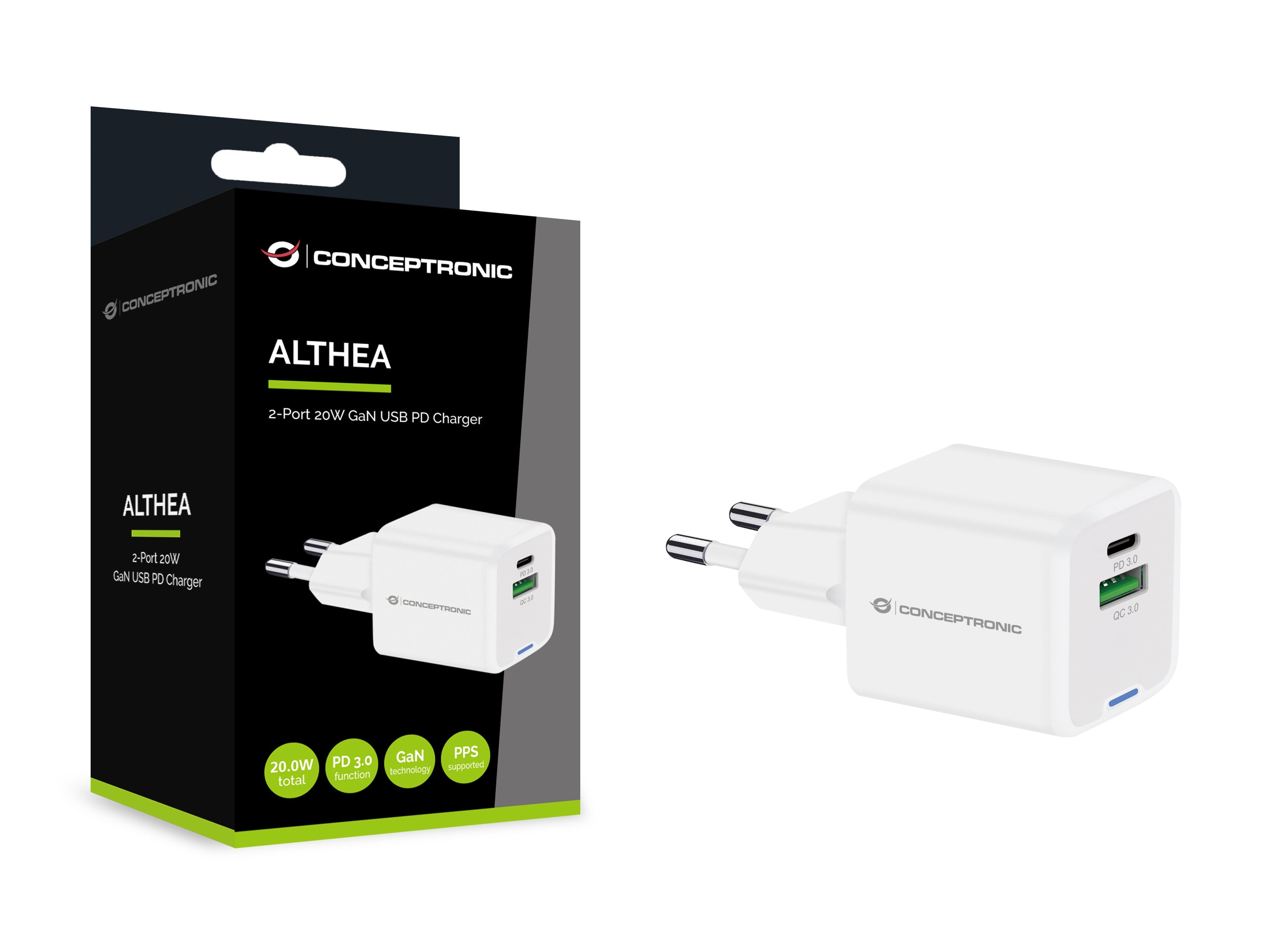 Conceptronic Cargador 2port 20w,1xusb-C,1xusb-A 1.5m Ws