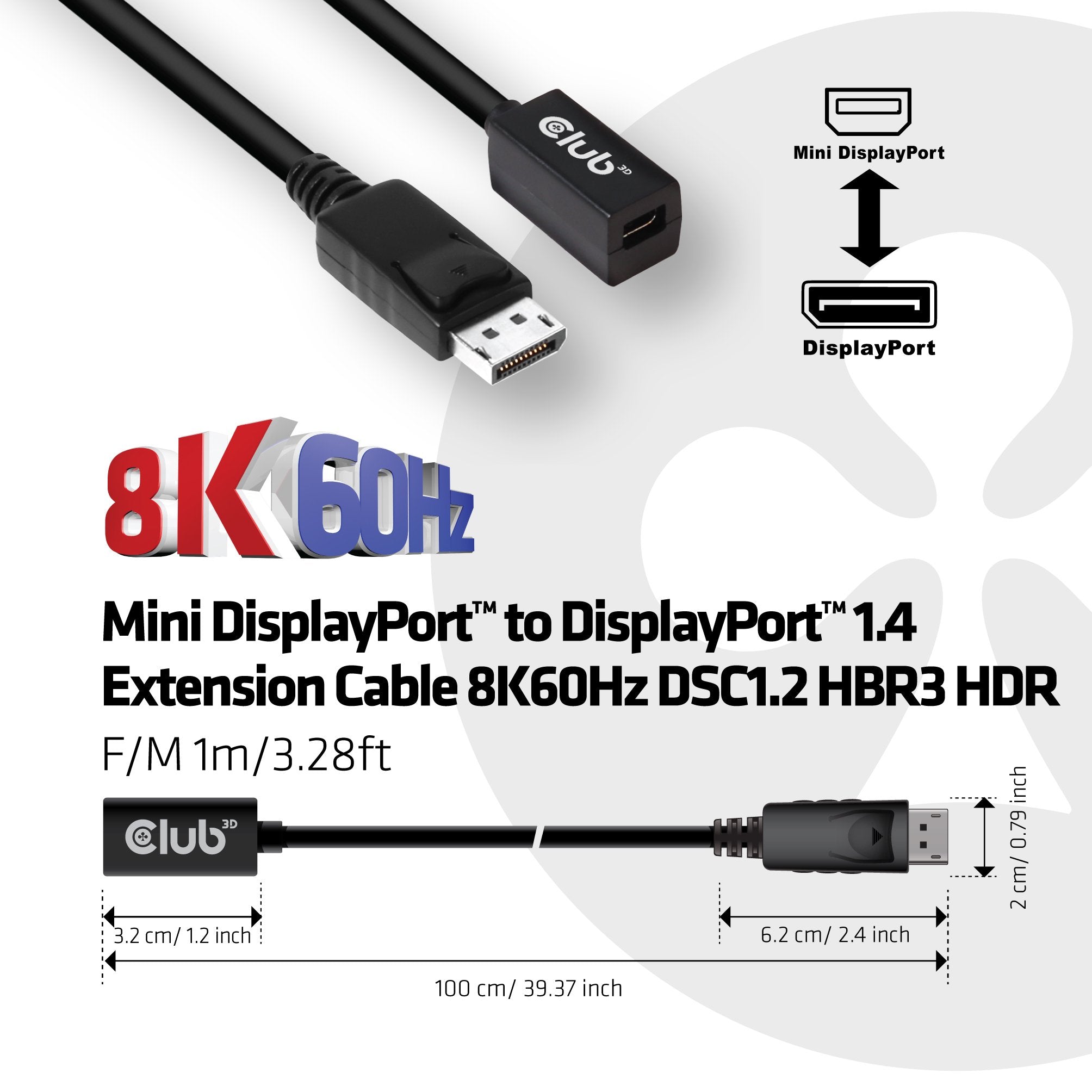 Cable Club3d Dp 1.4 <-> Minidp 1.4 1m 8k60hz Macho / Hembra Retail