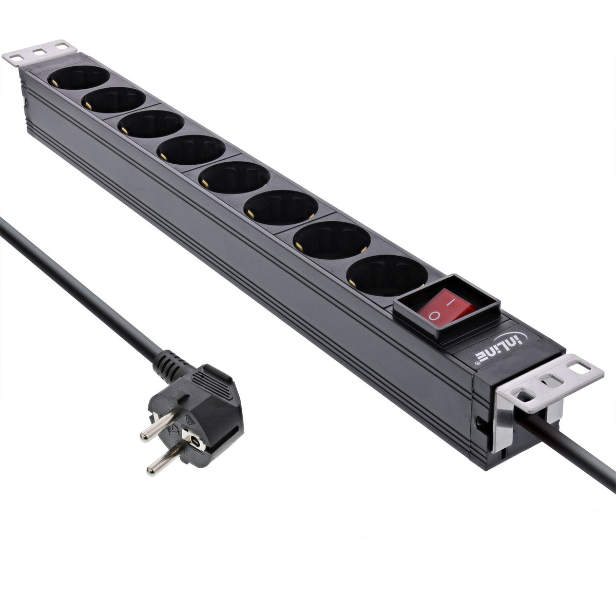 Inline® 19" Socket Strip, 8-Way Earthing Contact, With Switch, 2m, Negro