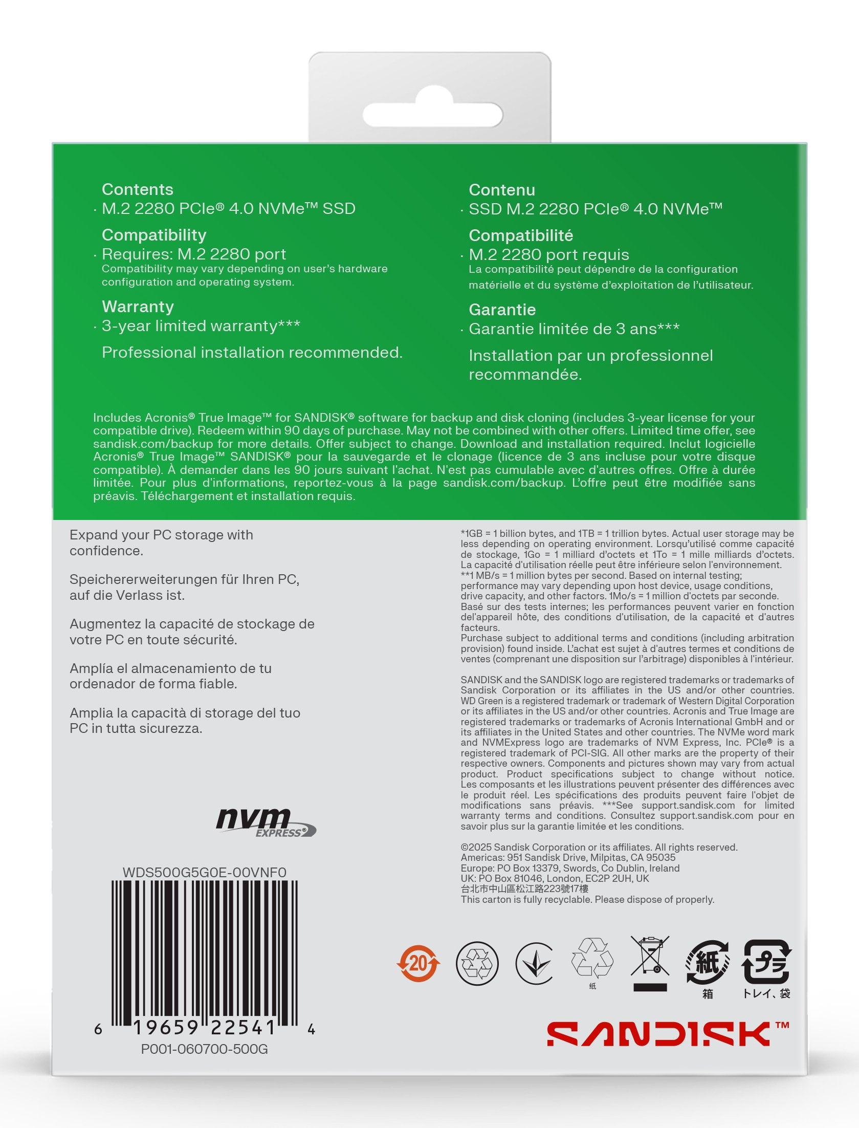 EAN 0718037904634 - SanDisk Green WD SN3000 NVMe 500 GB M.2 PCI Express 4.0 QLC 3D NAND imagen 7