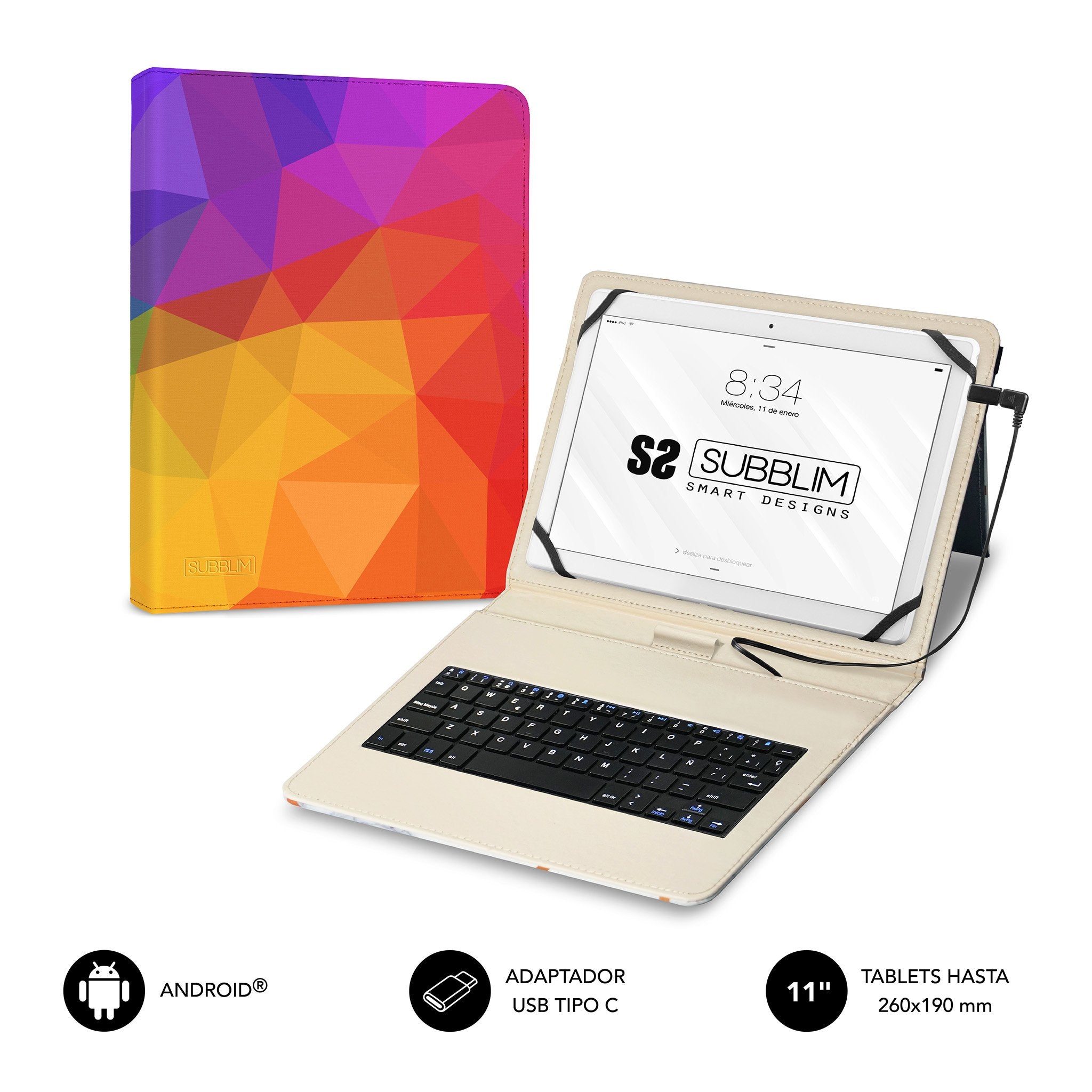 EAN 8436586742492 - SUBBLIM FUNDA + TECLADO TABLET KEYTAB USB TRIANGULOS QWERTY Español MicroUSB Multicolor imagen 2