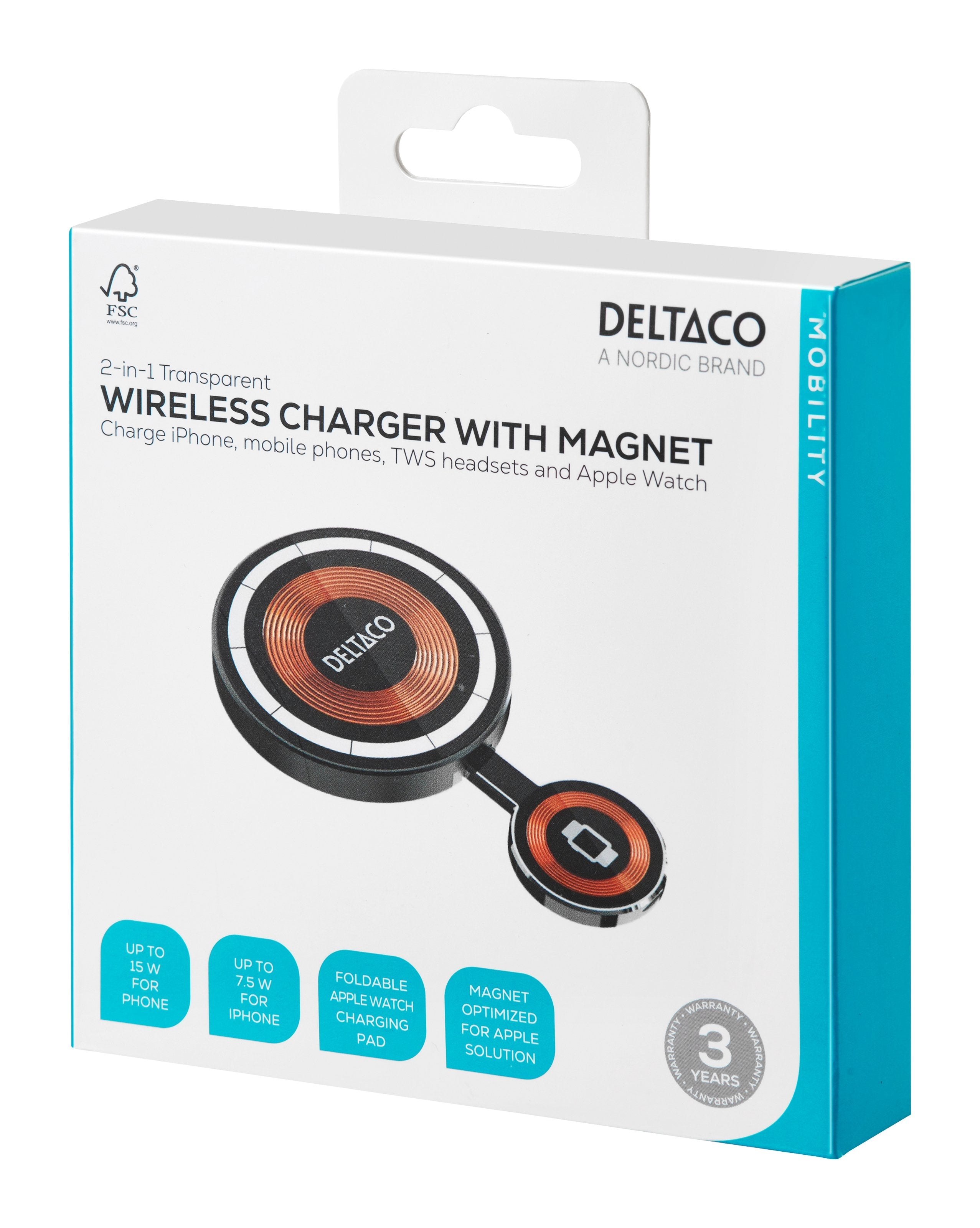 Deltaco 2-In-1 Wireless Charger 15w Transparent
