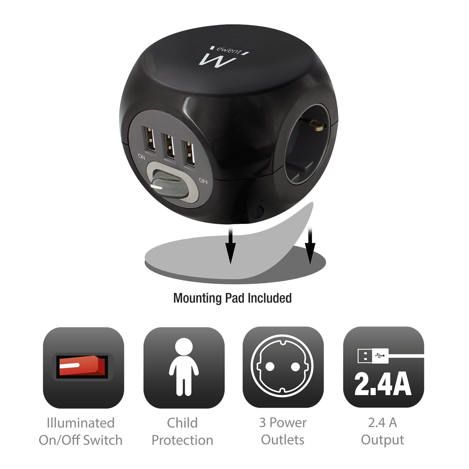 Ewent Ew3938 Regleta Cubo 3 Tomas Shucko + 3 Usb