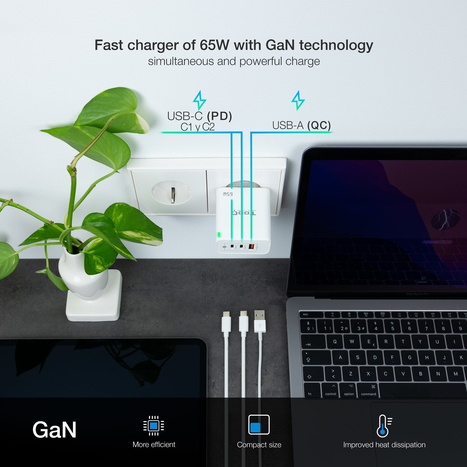 Tooq Cargador De Pared Gan 2 Usb-C/Pd + Usb-A/Qc 65w - Blanco