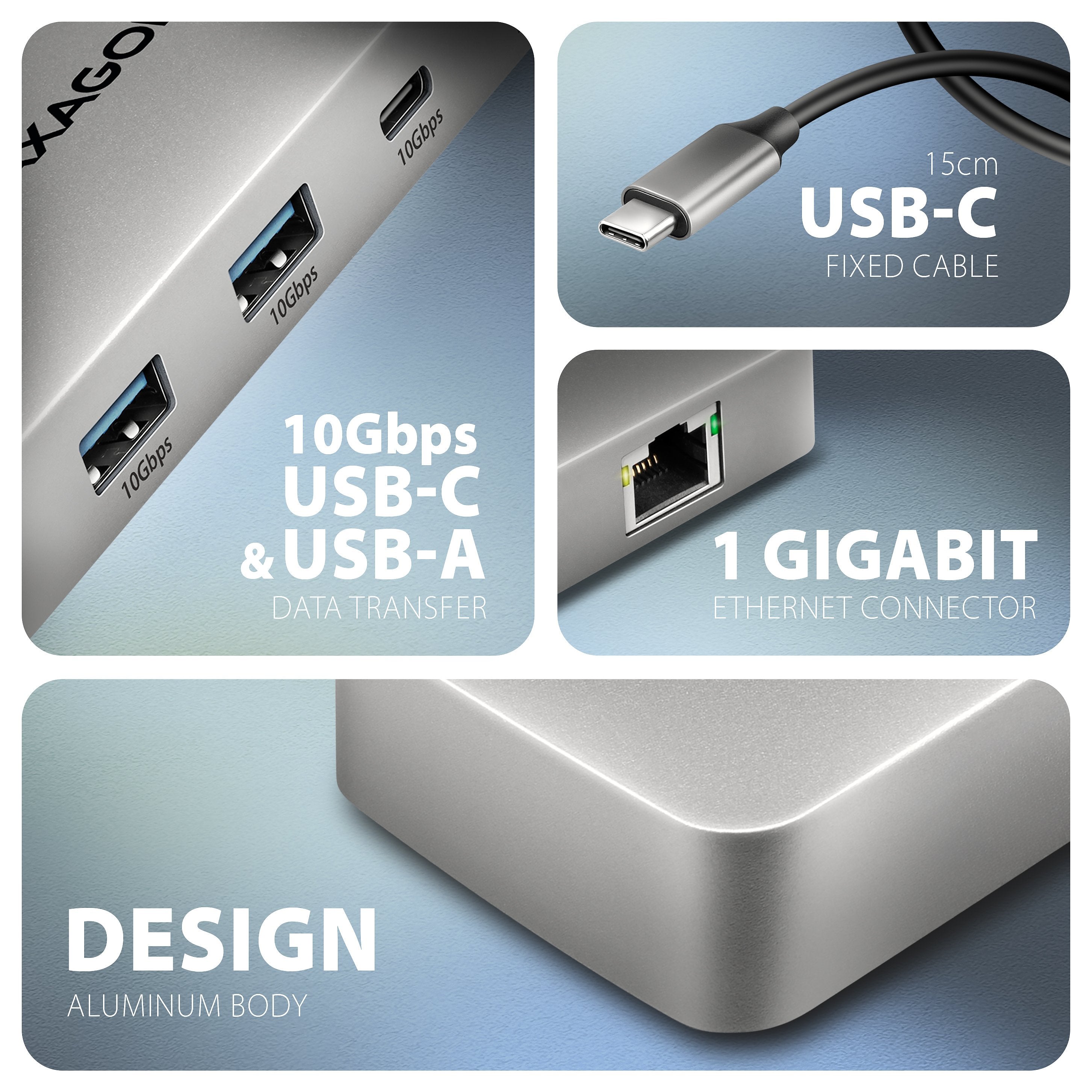 Hub Axagon Usb Hmc-Cub83x2, Usb 10gbps Hub, 2x Usb-A, Usb-C, Hdmi & Dp 4k/144hz, Rj-45 Glan, Pd 100w, Kabel Usb-C 15cm Alámbrico Usb 3.2 Gen 2 (3.1 Gen 2) Type-C Gris