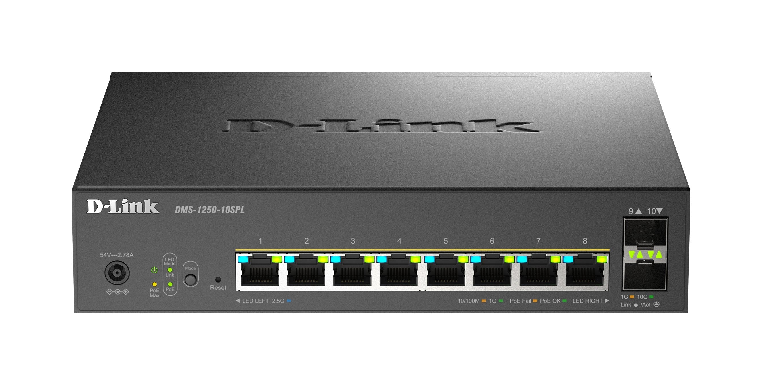 D-Link Dms-1250-10spl/E 10-Port Multi-Gigabit Smart Managed Poe+ Switch Including 8 Multi-Gigabit 2.5g Poe And 2 10g Sfp+ Ports ? 8 X 100/1000/2.5gbase-T Poe Port ? 2 X 10g Sfp+ Port ? Max Poe Budget: