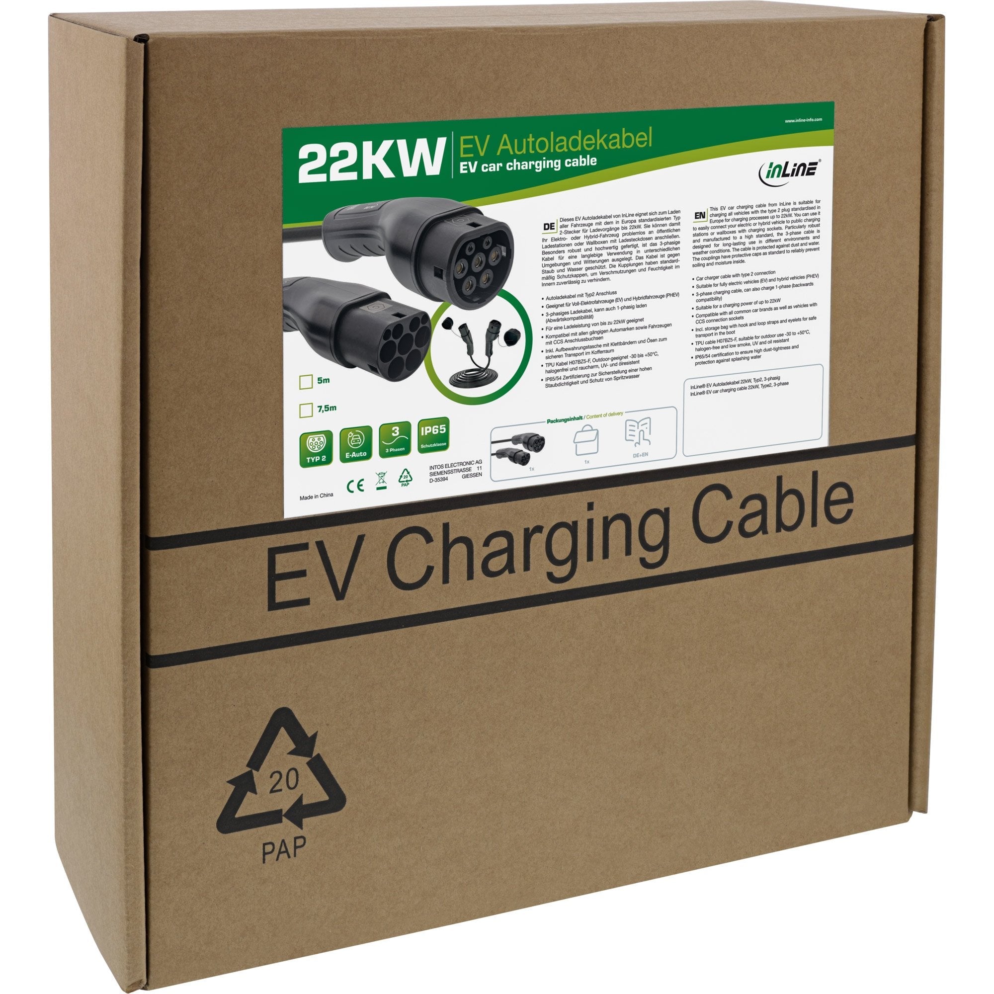 Inline® Ev Car Charging Cable 22kw Type2, 3-Phase, 7.5m
