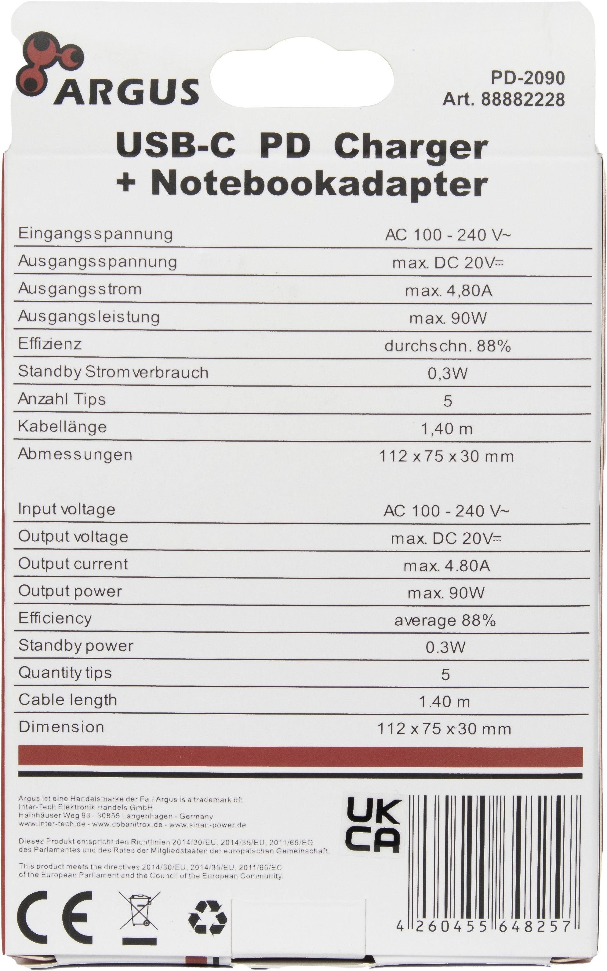 Inter-Tech Pd-Charger Usb C,Psu Pd-2090, Pd 90w, Negro