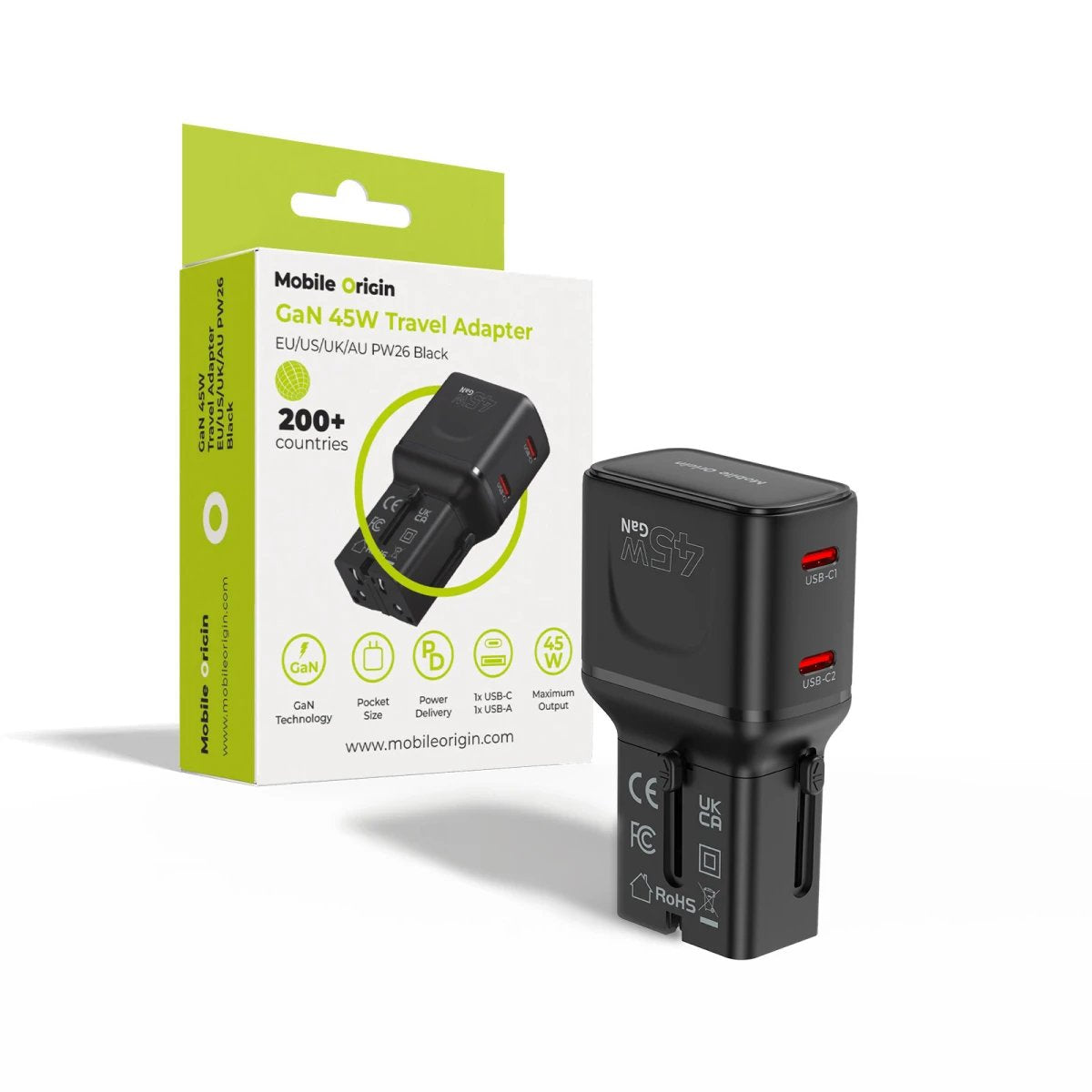 Mobile Origin 45w Travel Adapter Eu/Us/Uk/Au Pw26, Black
