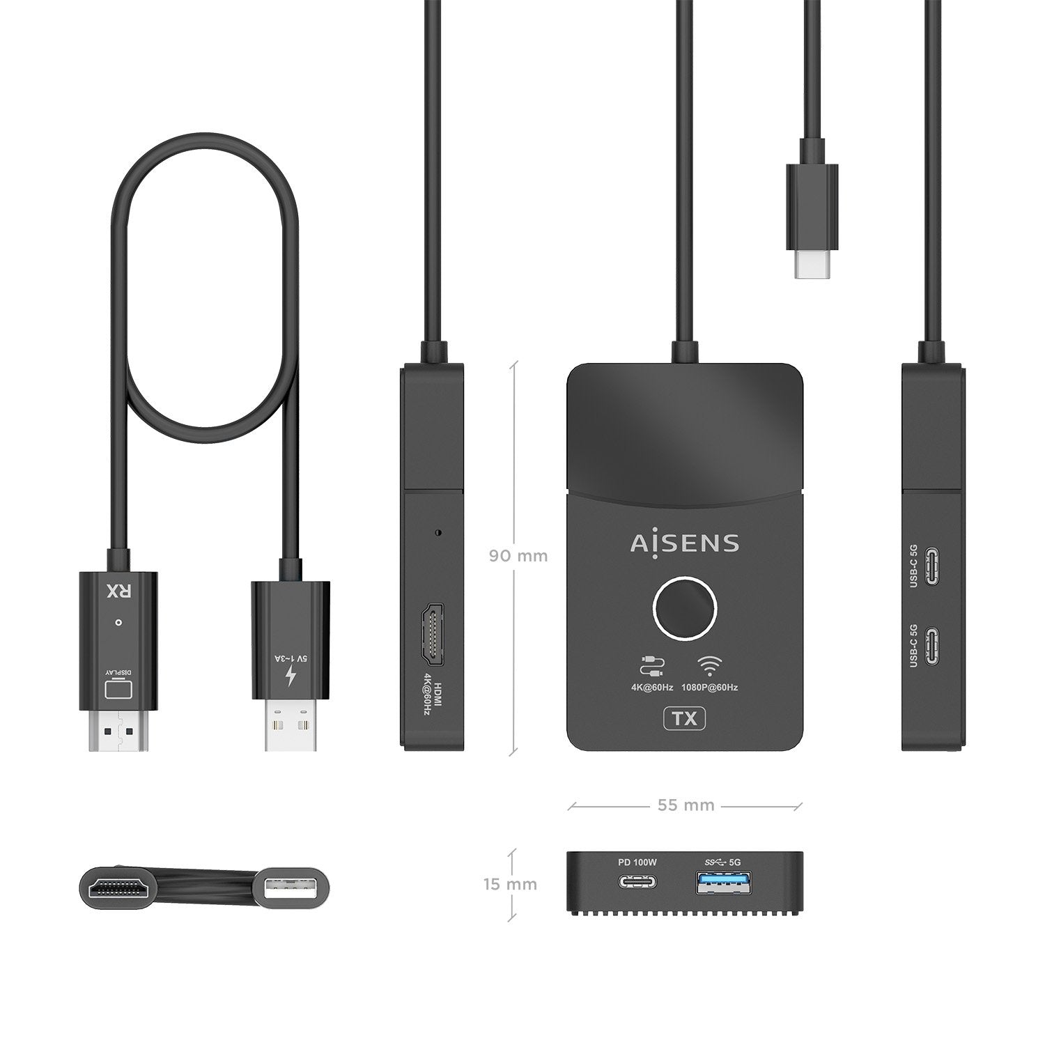 Aisens Docking Usb-C A Hdmi 1080p@60hz (Inalambrico) 30m, 1xhdmi 4k60hz (Cable) 2xusb-C 1xusb-A 1xusb-C Pd 100w, Negro