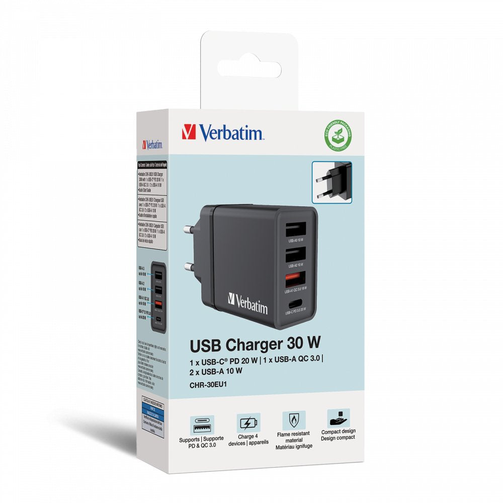 Verbatim Cargador Chr-30eu1, 30w, Gan, Negro 2x Usb-A, 1x Usb-A Qc, 1x Usb-C Pd