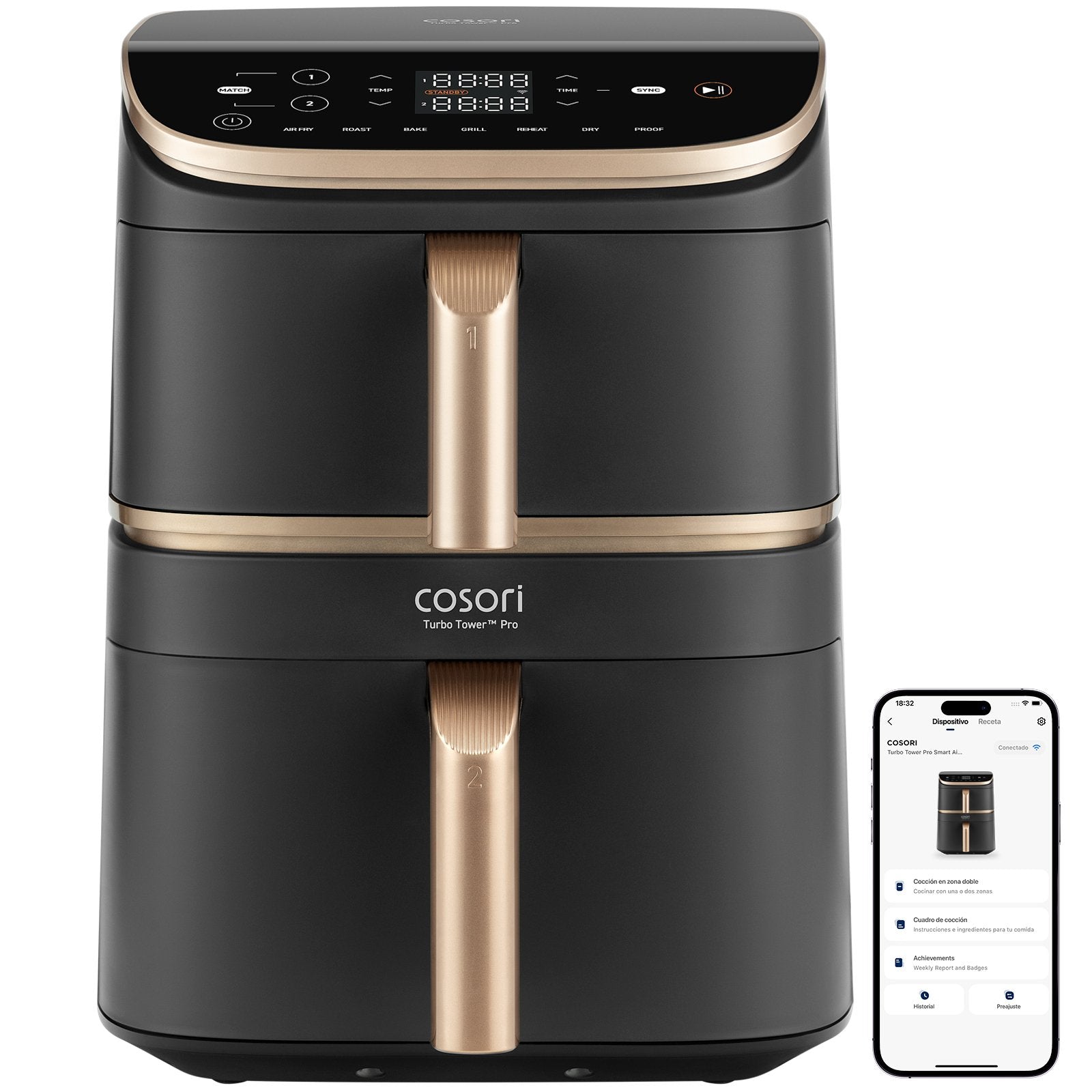 Cosori Turbo Tower Pro Smart Sencillo 10,8 L Independiente 2630 W Freidora De Aire Caliente Negro, Oro