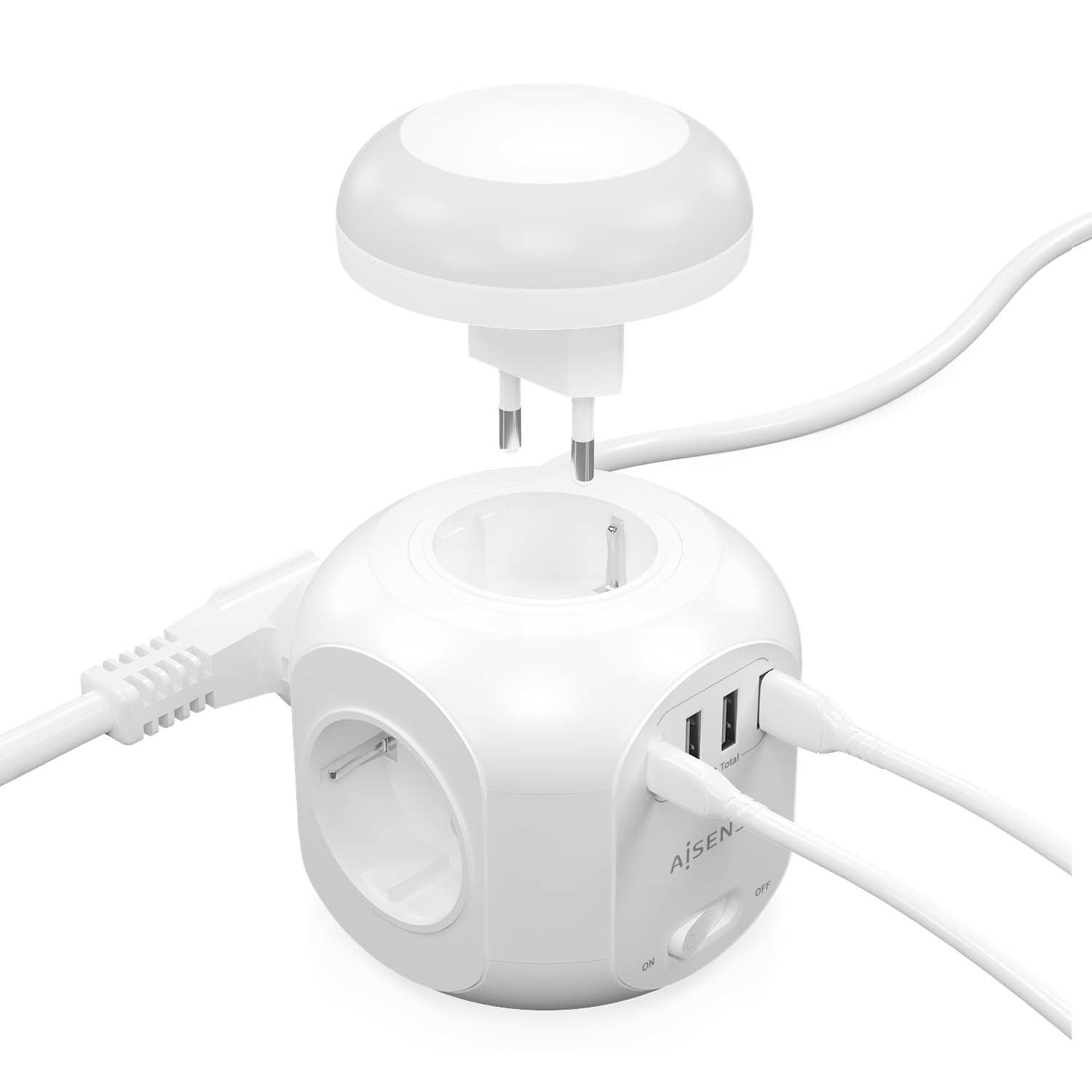Aisens Regleta Sobremesa Multifuncion 4 Tomas + 1xusb-C - 3xusb-A - Luz Nocturna - 1.80m - Blanco