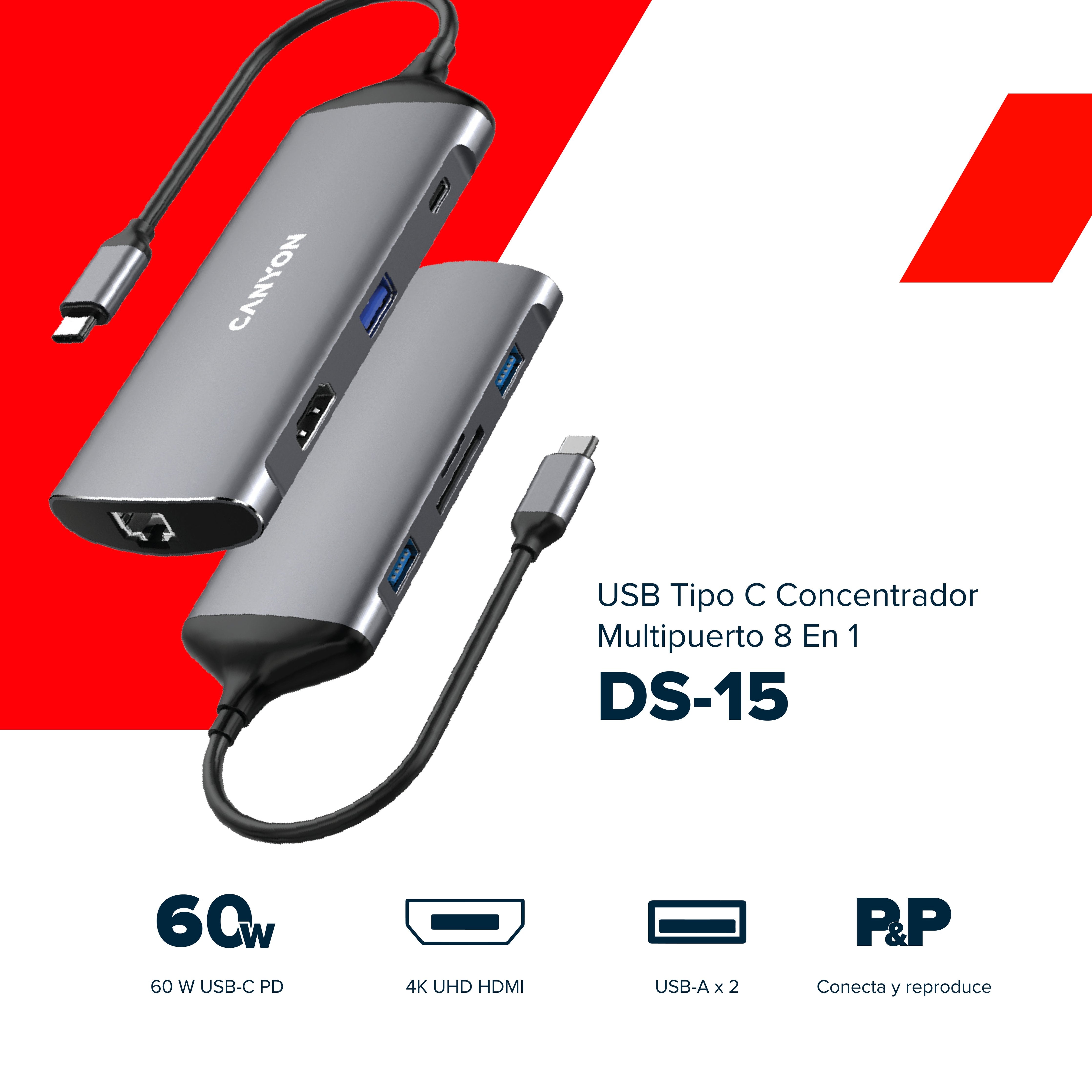 Canyon Usb-8-In1 Hub Usb-C > Hdmi/3xusb/Usb-C/Rj45/Sd Slot Retail