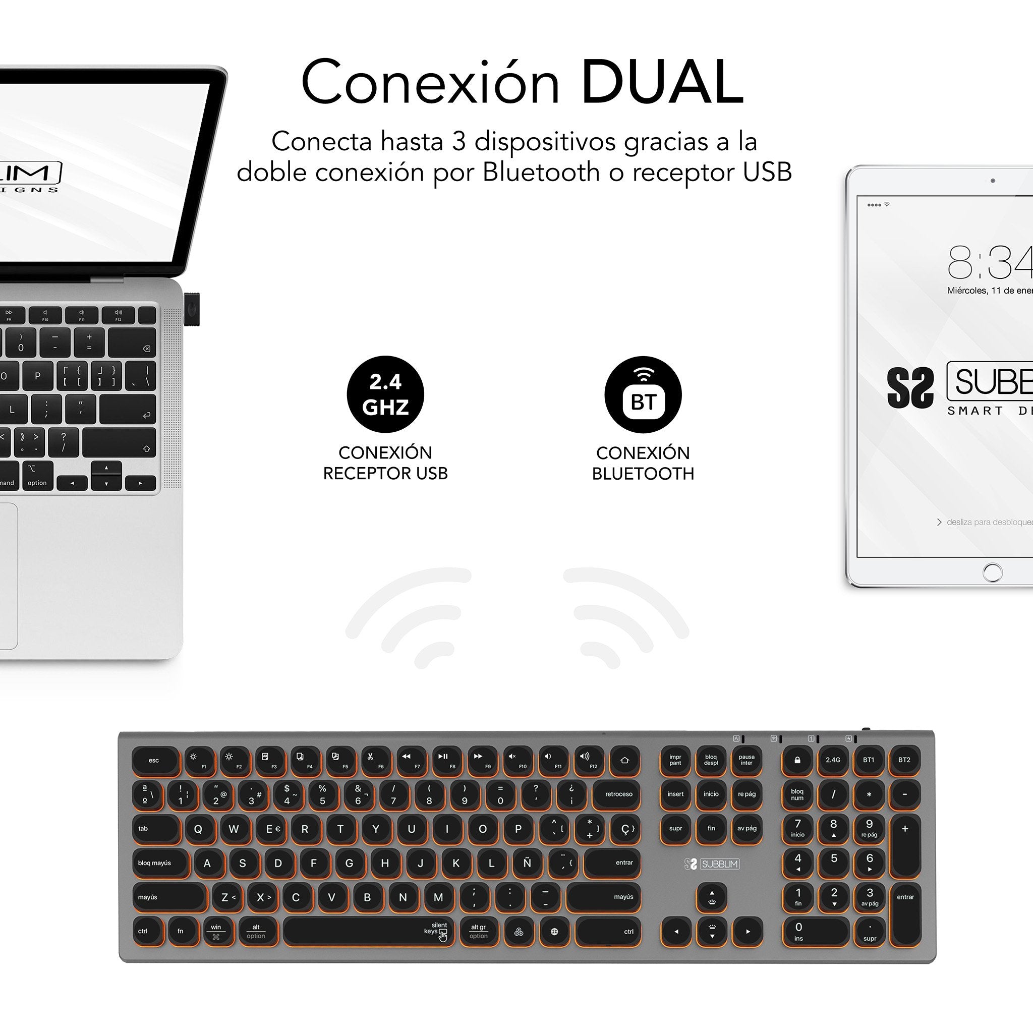 EAN 8436586742669 - SUBBLIM SUBKB-3MIE310 teclado Universal RF Wireless + Bluetooth QWERTY Español Negro, Gris imagen 3